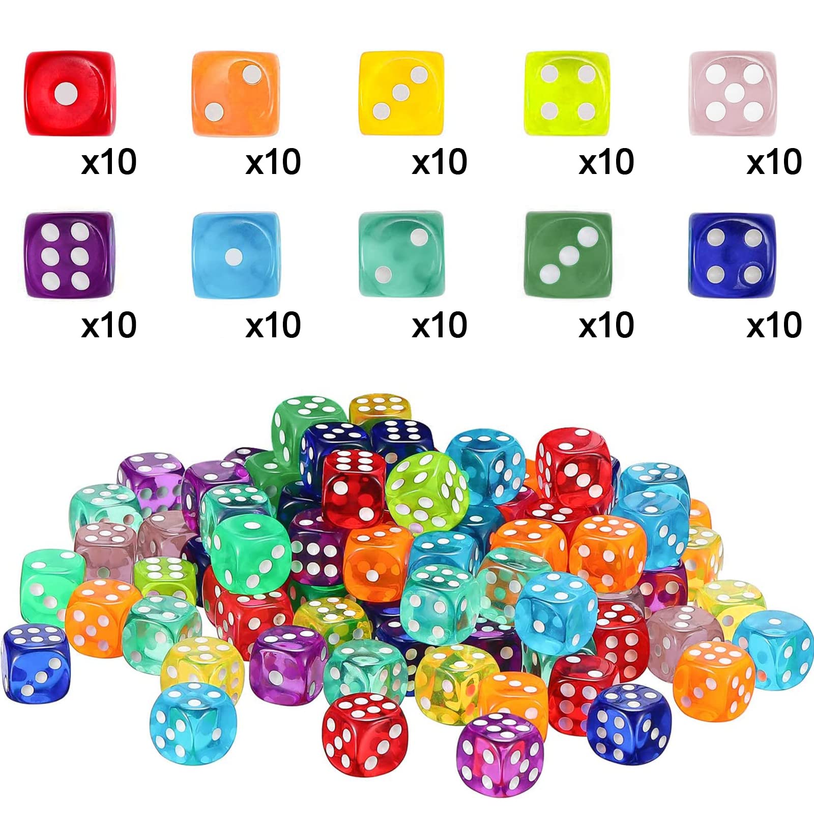 100 sztuk sześciostronnych kostek, D6 Dice, 10 kolorów, 14 mm, akrylowe, okrągłe kostki narożne, zestaw do tenisa, farkle, Yahtzee, Bunco lub matematyki edukacyjnej