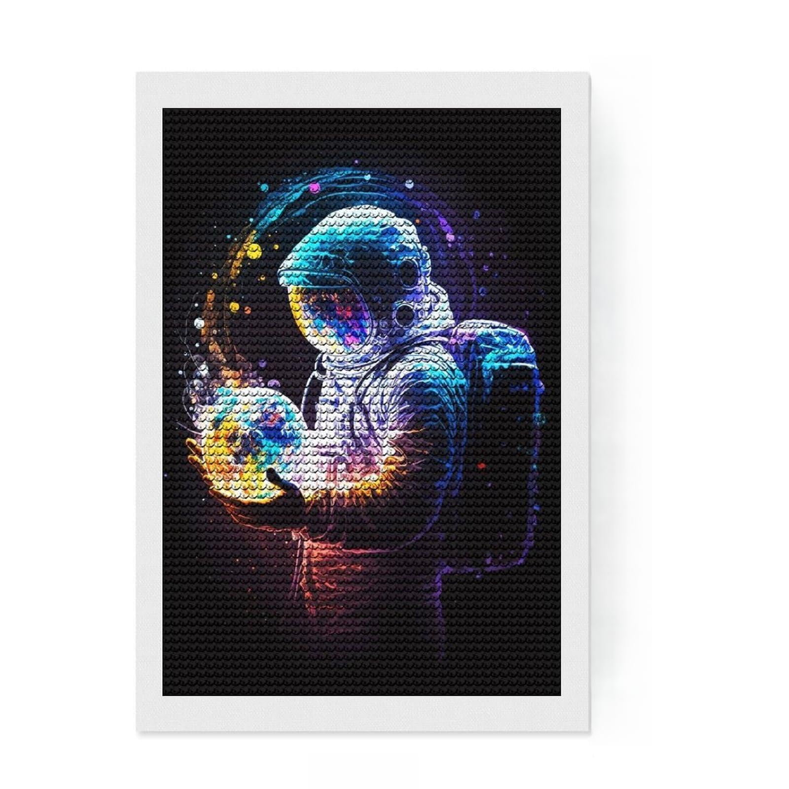 Junmoney Planet in Hand Astronaut Diamond Painting Set 8"x12", for Family Craft Time, Fun Craft Experience, Modern Decor, Christmas Gift