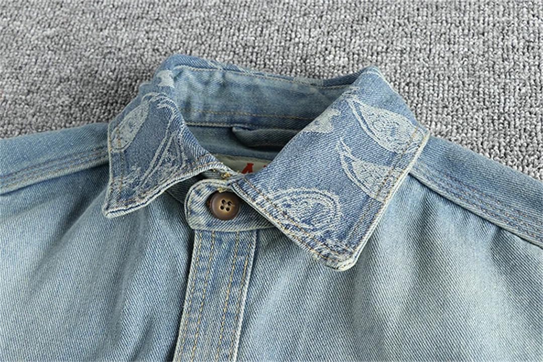 Męski ciężki kołnierz kwiat nerkowca haft design sens brytyjski vintage denim koszula trend płaszcz