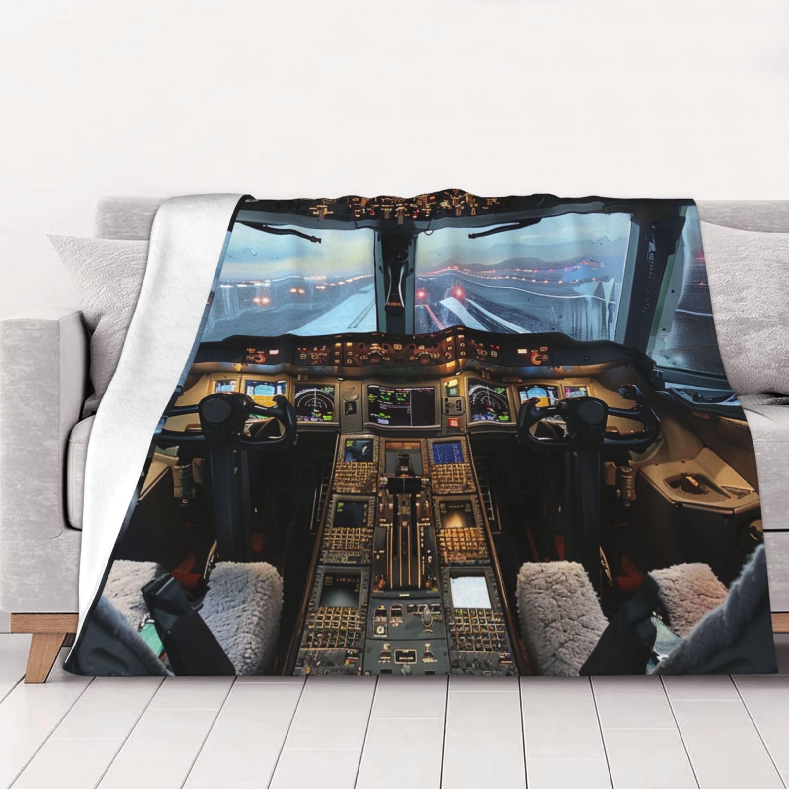 AUBKFELD Airplane Cockpit Printed Flannel Blanket 125x100 CM, Soft & Warm Throw Blanket for Sofa/Couch/Bed/Car, Gifts for Audlts Women Men