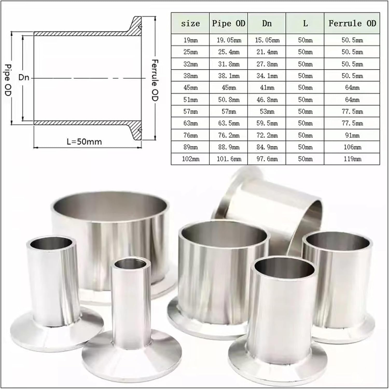 1pcs Length 50Mm 3/4" 1” 2“ 3” 4” Pipe OD 19mm-108mm Stainless Steel SS304 Sanitary Fitting Tri Clamp Feerule Home Brew(Height 50mm,25mm x ferrule 50.5)