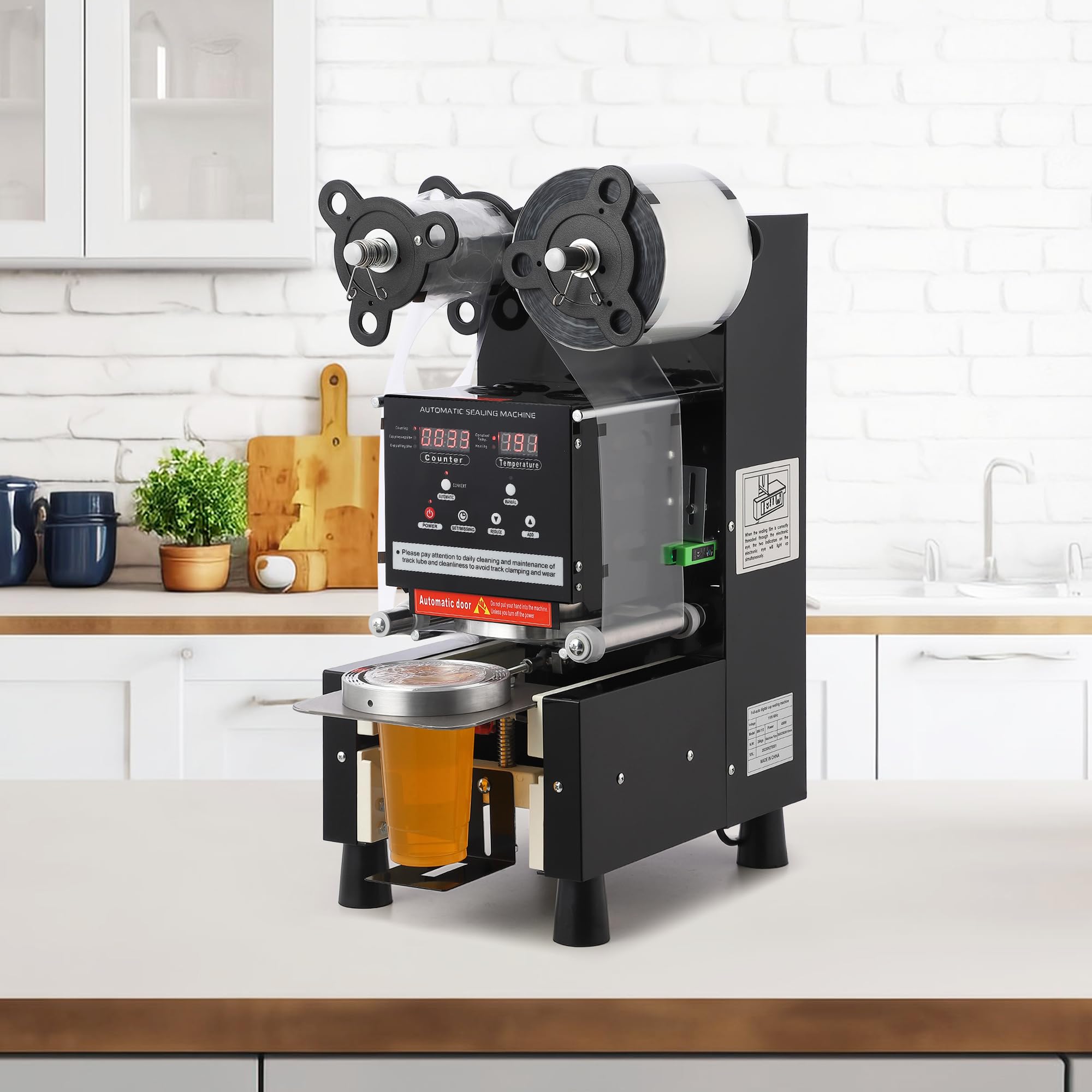 Commercial Automatic Cup Sealer Machine 500-650 Cups/Hour - 90/95mm Electric Sealer with LCD Panel & Digital Control for Bubble Tea, Coffee, Smoothie Shops (110V), Black