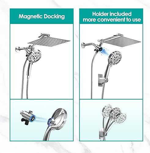 Miniatura 3 de Cabezal de ducha de lluvia magnético de 10 pulgadas con combo de rociador de mano, 8+2 modos de lavado eléctrico integrado, cabezal de ducha de