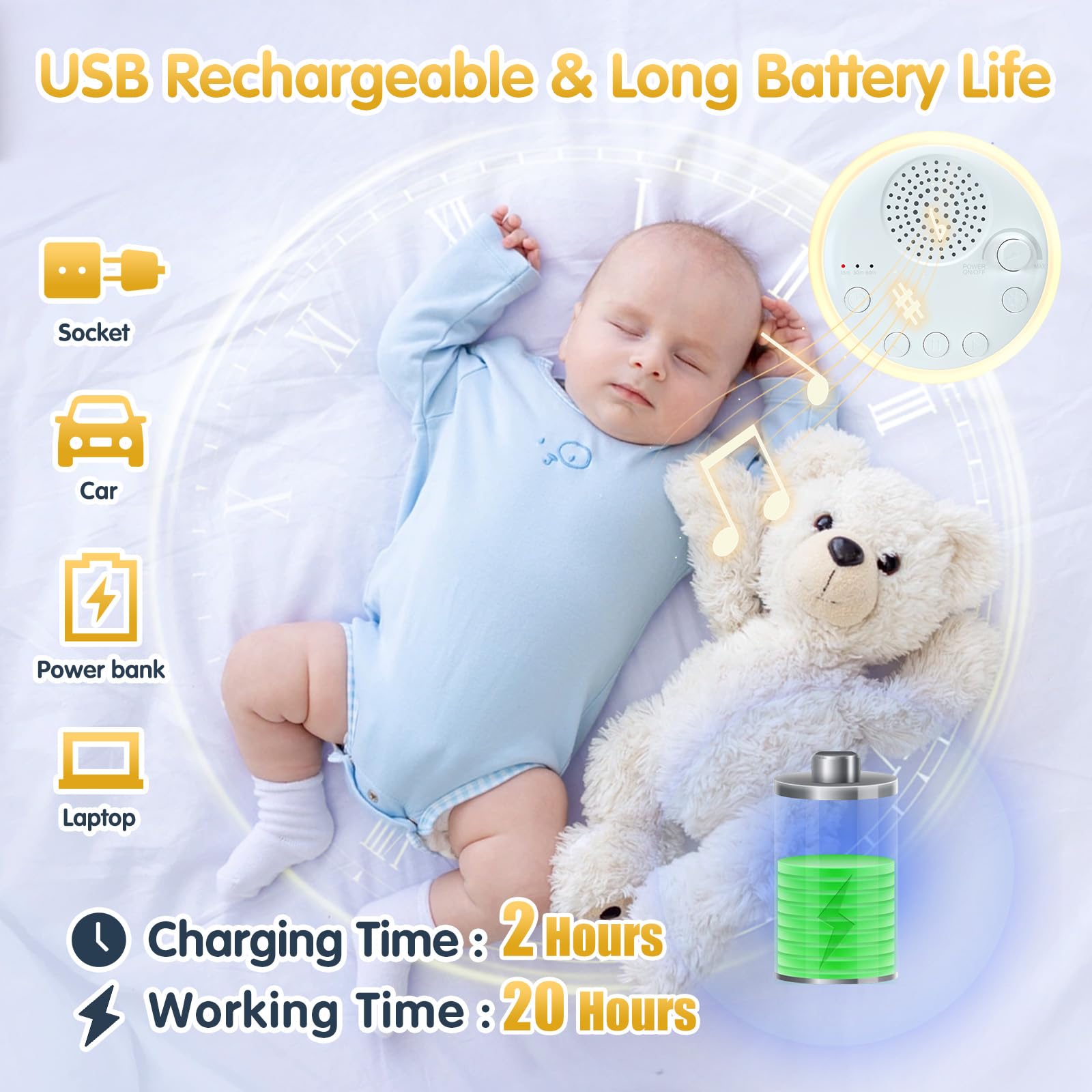 Weißes Rauschen Baby, tragbare Einschlafhilfe mit 16 beruhigenden Geräuschen, 3 Timer-Einstellungen und USB-Wiederaufladung