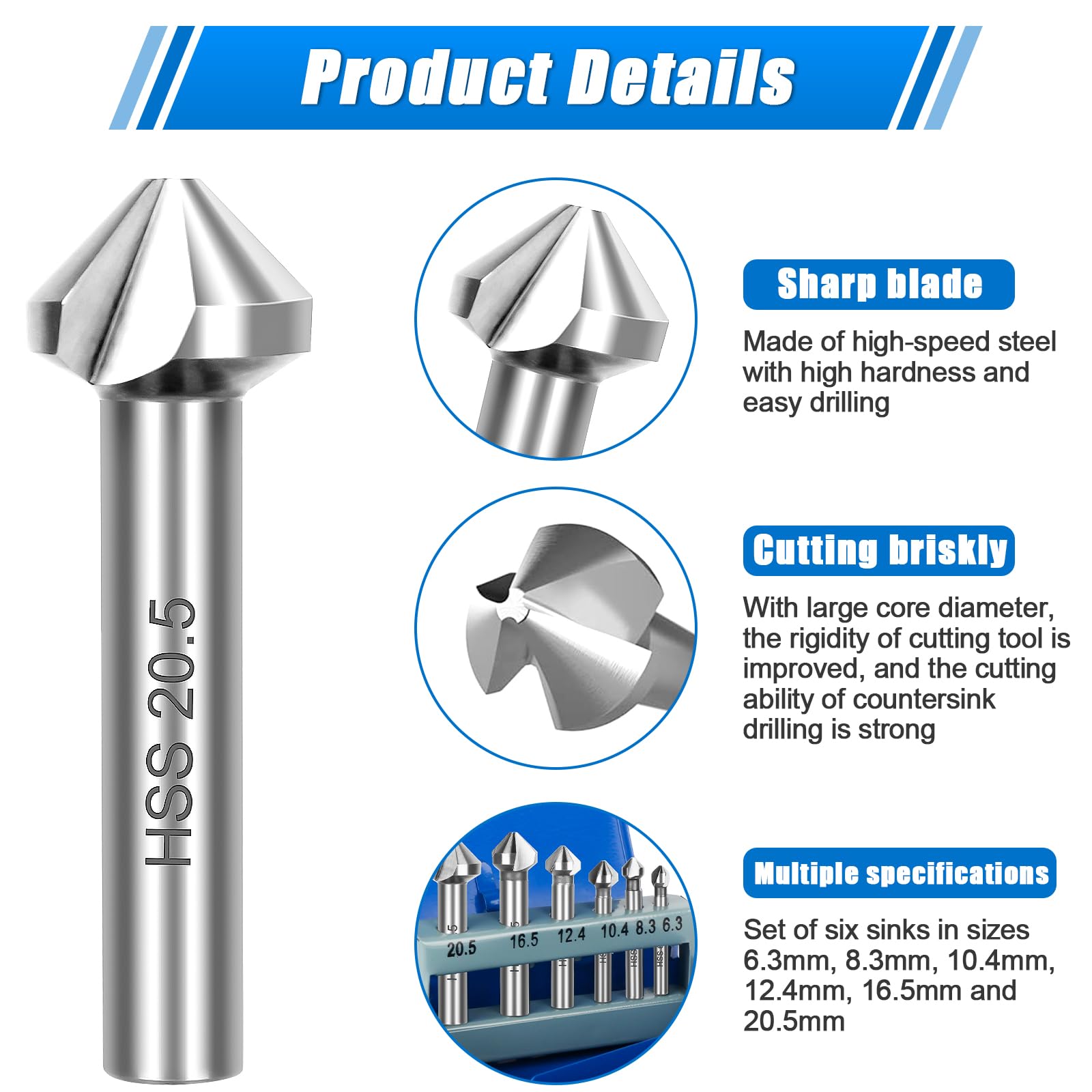 Svasatori 90 Gradi Metallo Set Svasatori Conici HSS 6 Pezzi TOOLMAYS - Rivestimento TiN Per Metallo E Legno Toolmays Professional