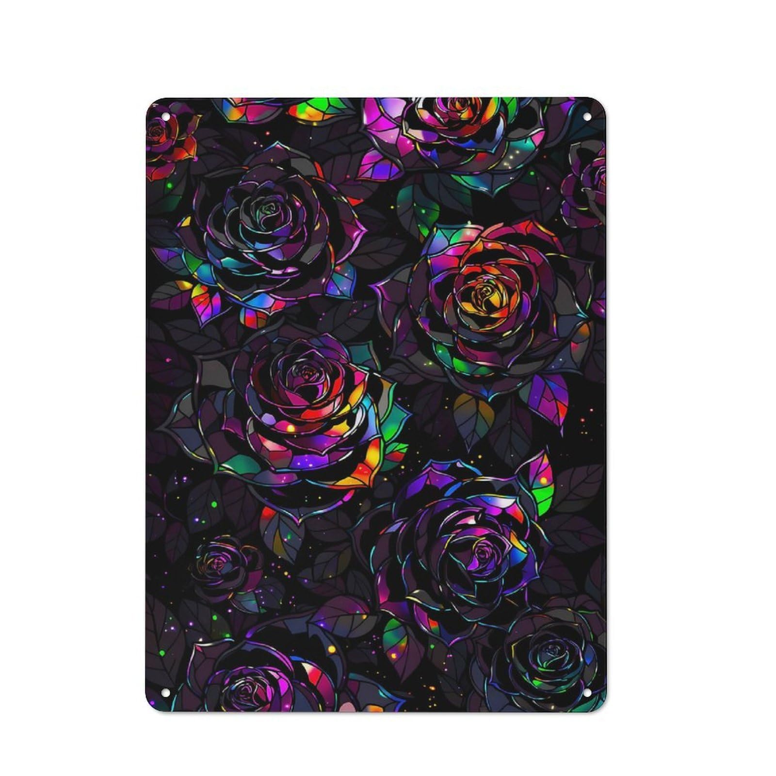 Junmoney Style-2 For Living Room Or Hallway, Stained Glass Roses Vintage Metal Sign 40X30cm, For Metal Sign Collectors, For Garage And Workshop Walls
