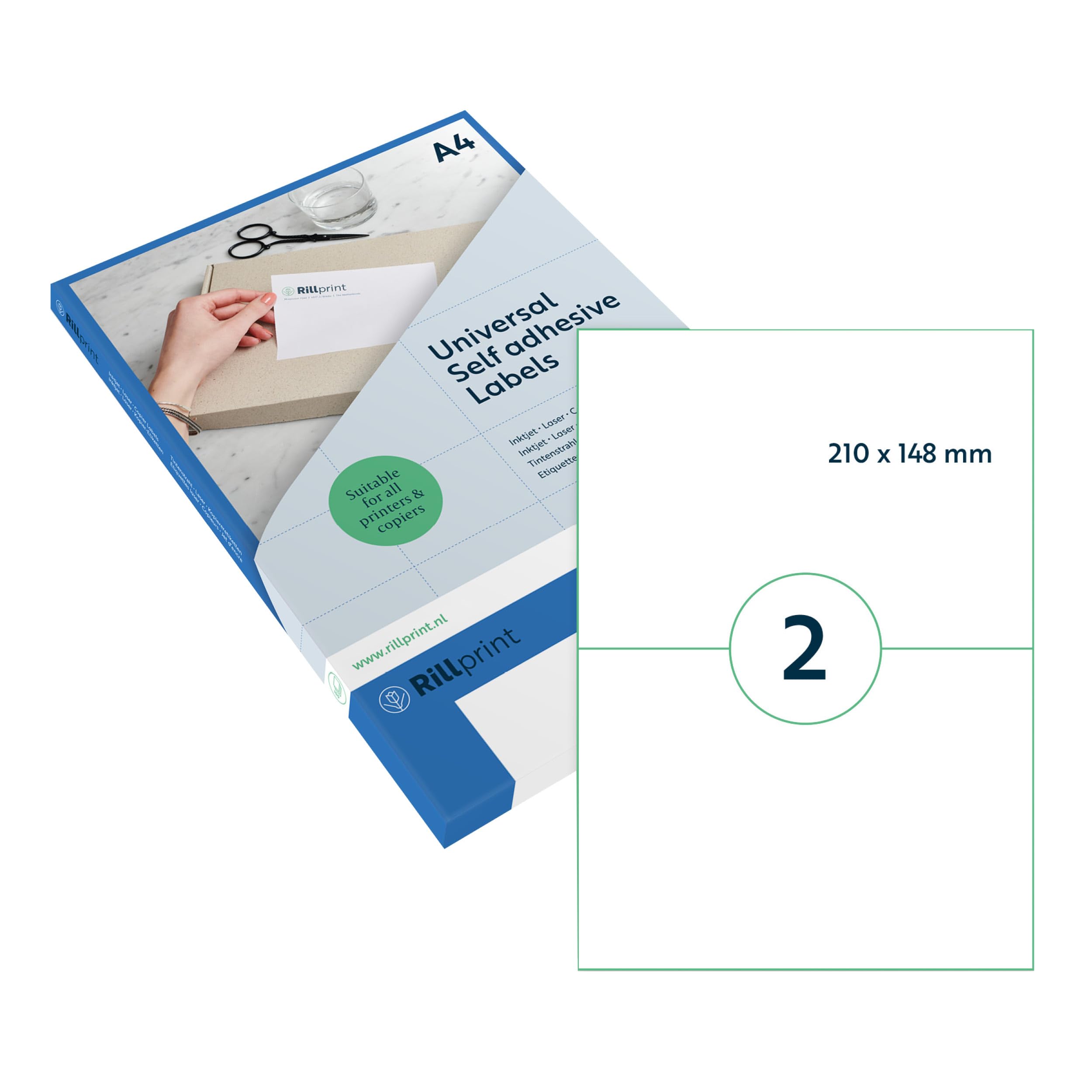 Rillprint Etichette multiuso, autoadesive, 50 pezzi, 210 x 148 mm, 2 etichette adesive per foglio A4, stampabili e rimovibili, adesivi universali, 25 fogli, bianco