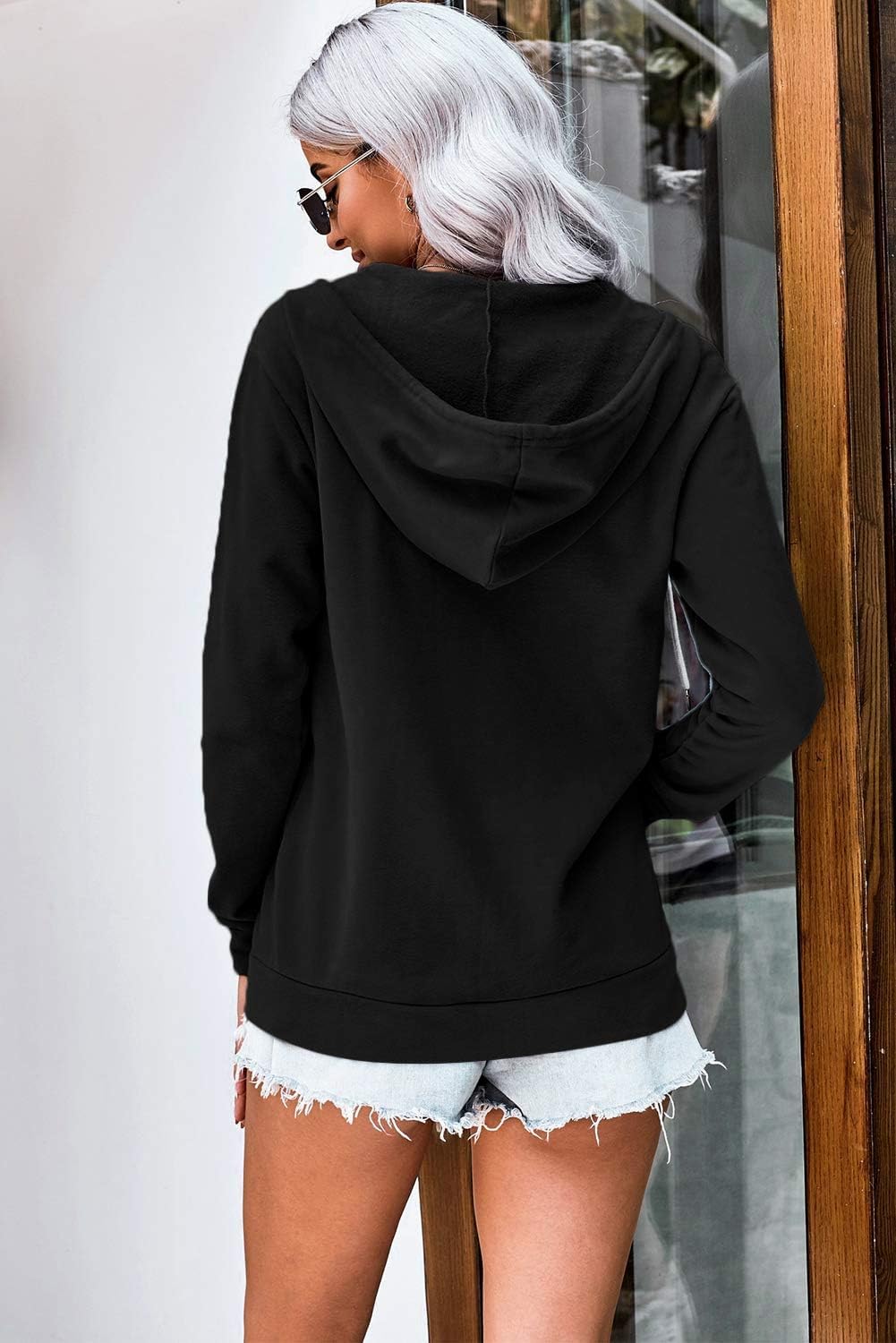 WROLEM Women Casual Full Zip Up Hoodie Comfy Loose Long Sleeve Sweatshirt Solid Color Jacket with Pockets - Image 5