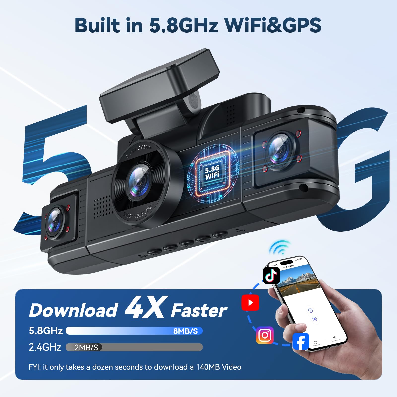 4 Kanal Dashcam Auto Vorne Hinten 4K+1080P mit WiFi,Dash Cam Auto Kamera 3" IPS Bildschirm,Kostenlose 64 GB Karte,Nachtsicht,G Sensor,Loop-Aufnahme,APP Steuerung,170°Weitwinkel WDR