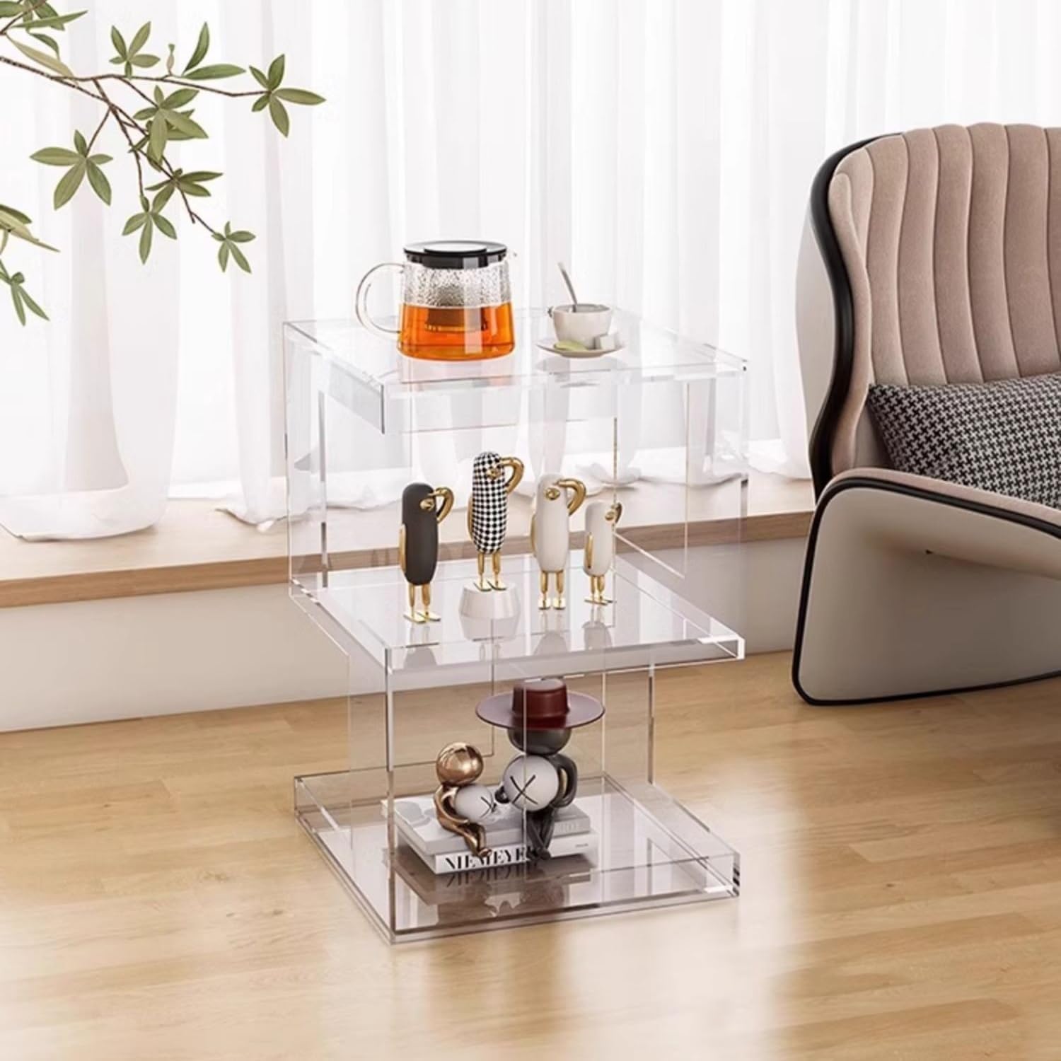 SXZenSpace 3-Tier Clear Acrylic Side Table Small Nightstand Coffee with Storage for Living Rooms & Spaces Solid Construction(Clear)