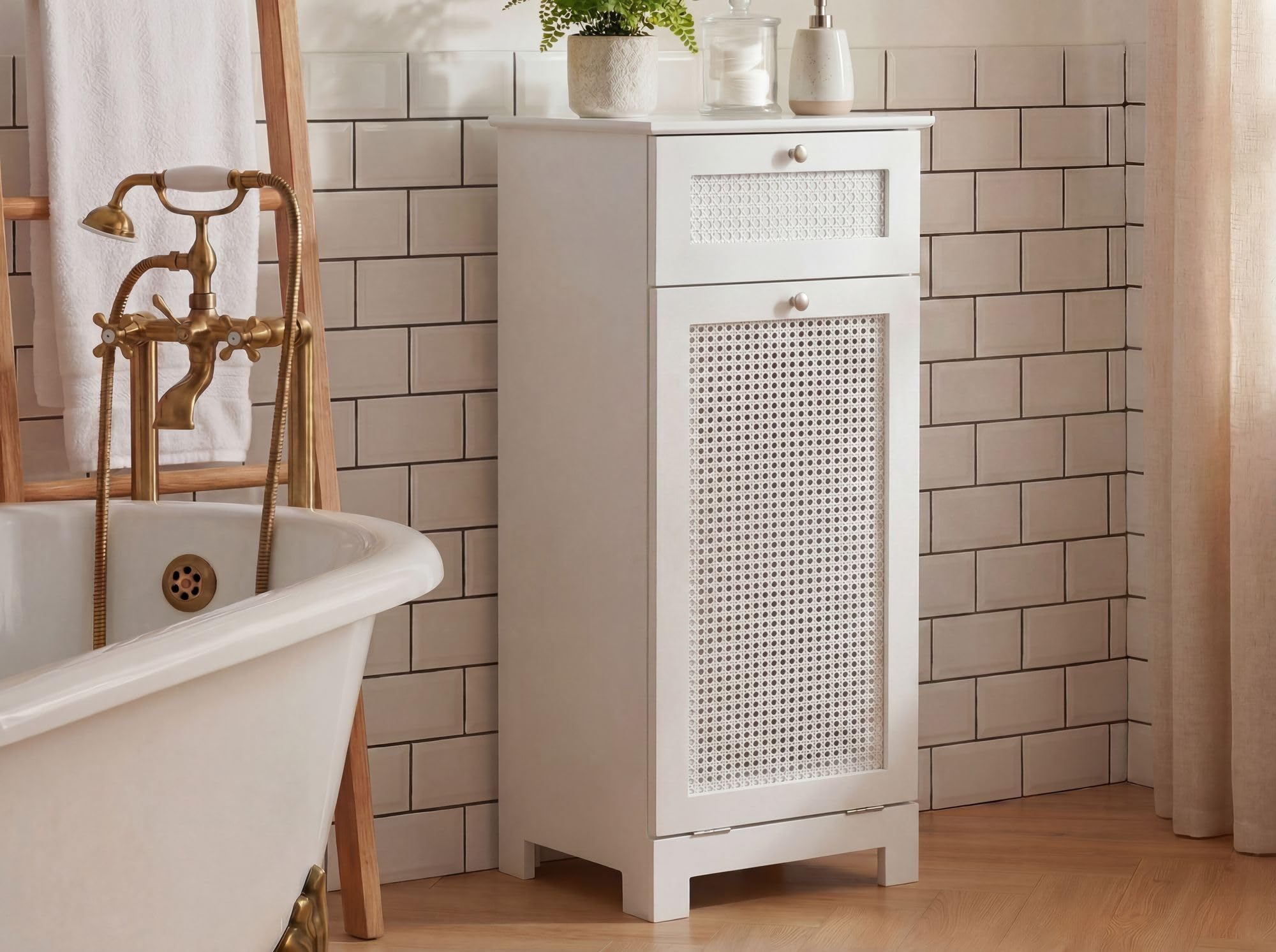 FineBuy Szafka na pranie Biała 38x90x40 cm Rattan Plecionka Szafka wnękowa Łazienka - Wąski kosz na pranie z drzwiami uchylnymi i szufladą - Szafka łazienkowa Pojemnik na pranie