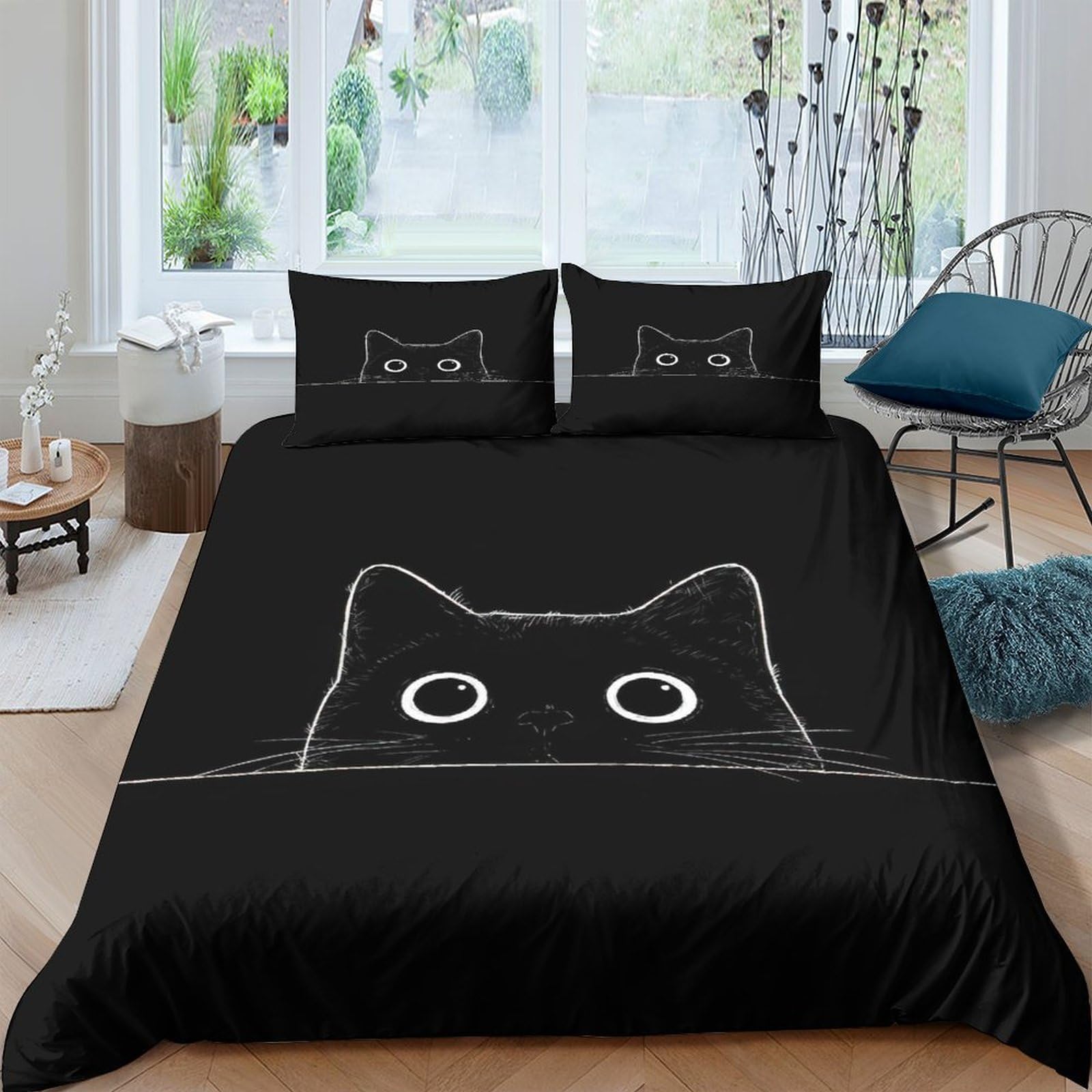 TUFRTGYHN 3D Printed Black Cat Eyes Duvet Cover Microfiber Soft Breathable Cartoon Bedding Set with 2 Pillowcases for Bedroom Decor Single（135x200cm）