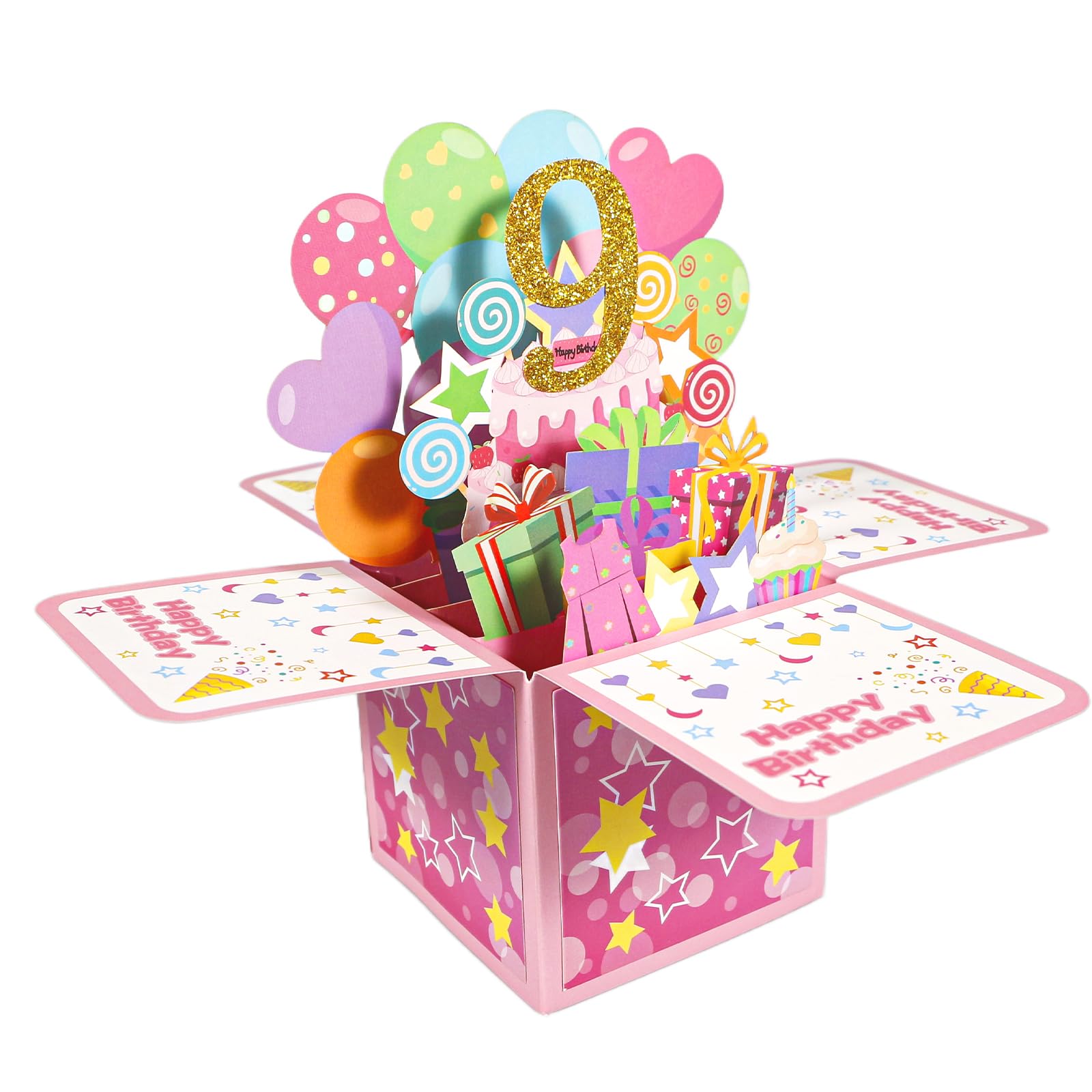Geukmun 9th Birthday Card for Girls, 9th Birthday Gifts for Girls, Pink Pop Up Happy Birthdays Card with Envelope for 9 Year Old Girl, Granddaughter, Daughter, Party Decorations
