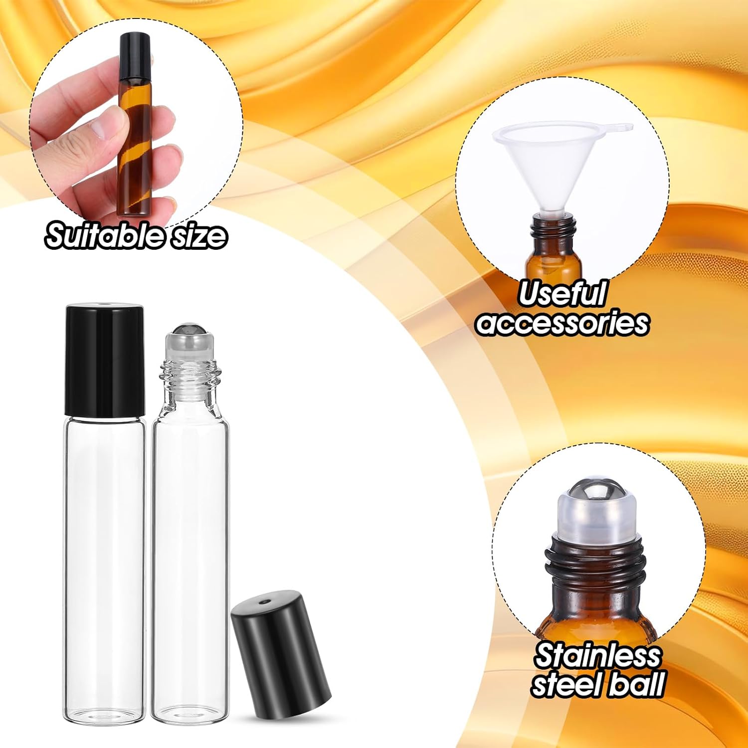 MAQUITA 100 Pcs Essential Oil Roller Bottles 10ml Empty Glass Roller Bottles with Stainless Steel Balls Protection Leakproof with 5 Funnel for Travel Perfume Lip Gloss (clear)