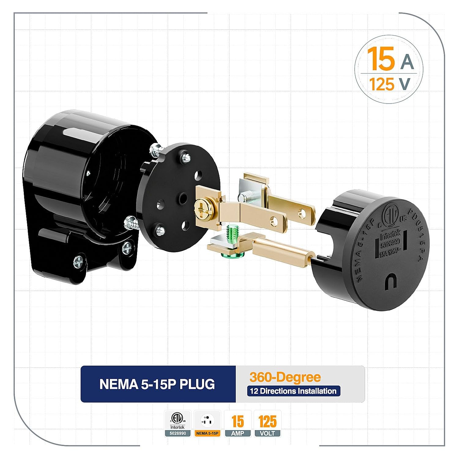 (3PACK) ETL Listed Angled NEMA 5-15P 15A 125V DIY Rewirable Male Plug | 15A 125V white 3-prong angled adapter with 14AWG internal copper wiring; max 1870W, saves space for covered wall outlets