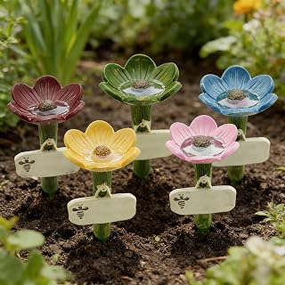 Bee Feeder, Pollinator Watering Station with Textured Bowl, 5 Pack | Mixed-color ceramic flower cups with stake bases create water-feeding stations for bees in gardens, patios, and yards