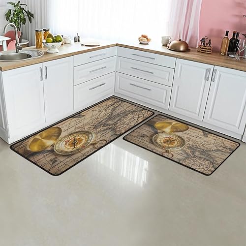 GUYOS Tapete de cocina con patrones de mapa vintage 2 piezas tapetes acolchados antifatiga para suelo de cocina de 47 x 17 pulgadas29 x 17 pulgadas,