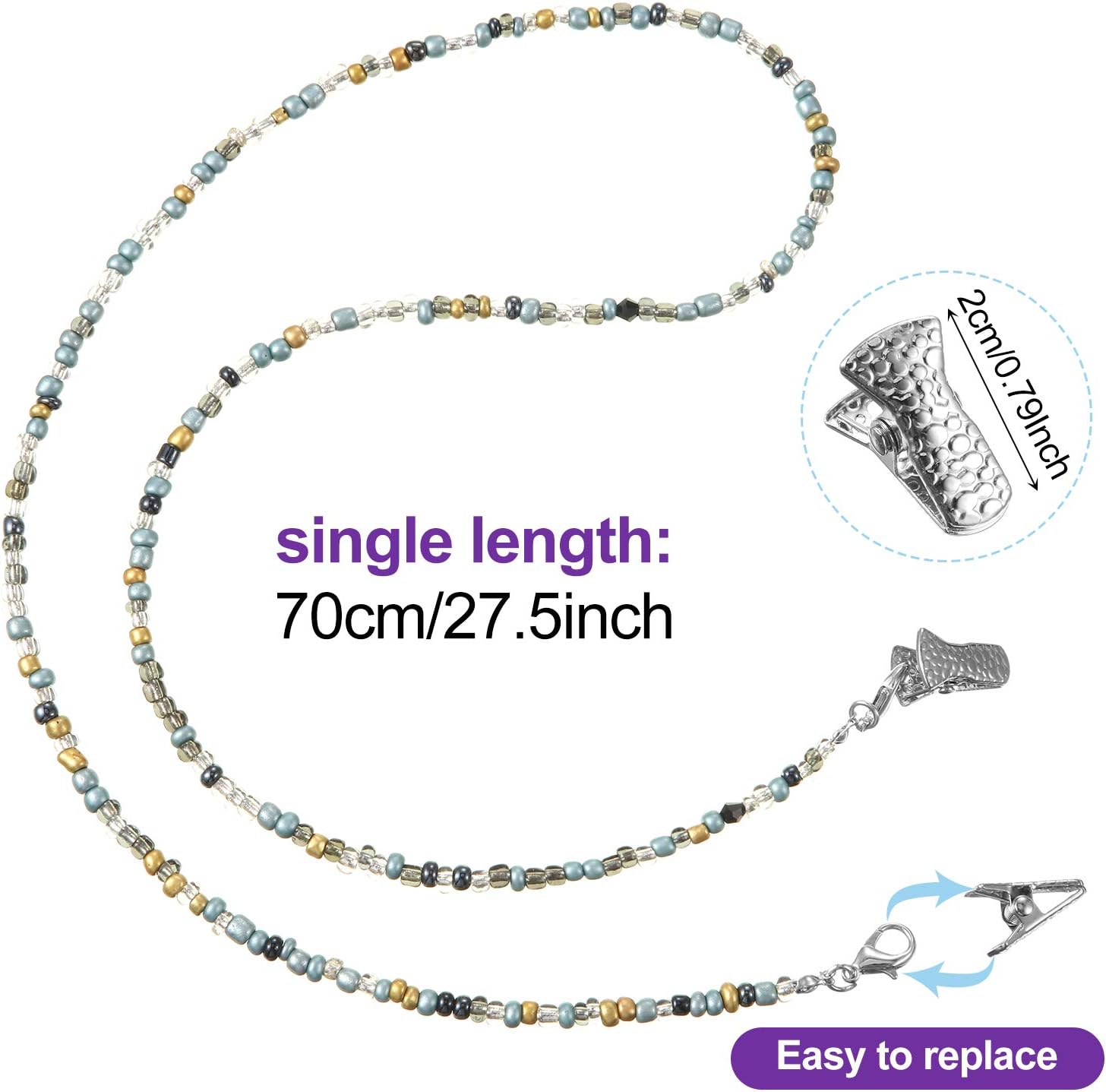 5 Pieces Bead Eyeglass Chains Clip Holder Colorful Beaded Face Covering Lanyards Handmade Necklace with 5 Pairs Silver Clips, 28 Inches Long