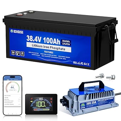 DC HOUSE Upgraded 36V 100Ah Lithium Golf Cart Battery Kit with 36V 25A Lithium Battery Charger, One Touch Switch, Bluetooth Mobile APP & LCD Monitor, 150A(200A) BMS, Peak Current 500A(670A)