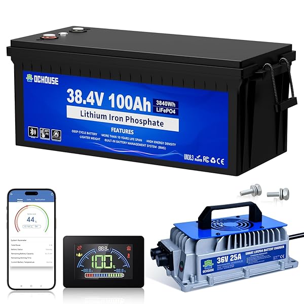 DC HOUSE Upgraded 36V 100Ah Lithium Golf Cart Battery Kit with 36V 25A Lithium Battery Charger, One Touch Switch, Bluetooth Mobile APP & LCD Monitor, 150A(200A) BMS, Peak Current 500A(670A)