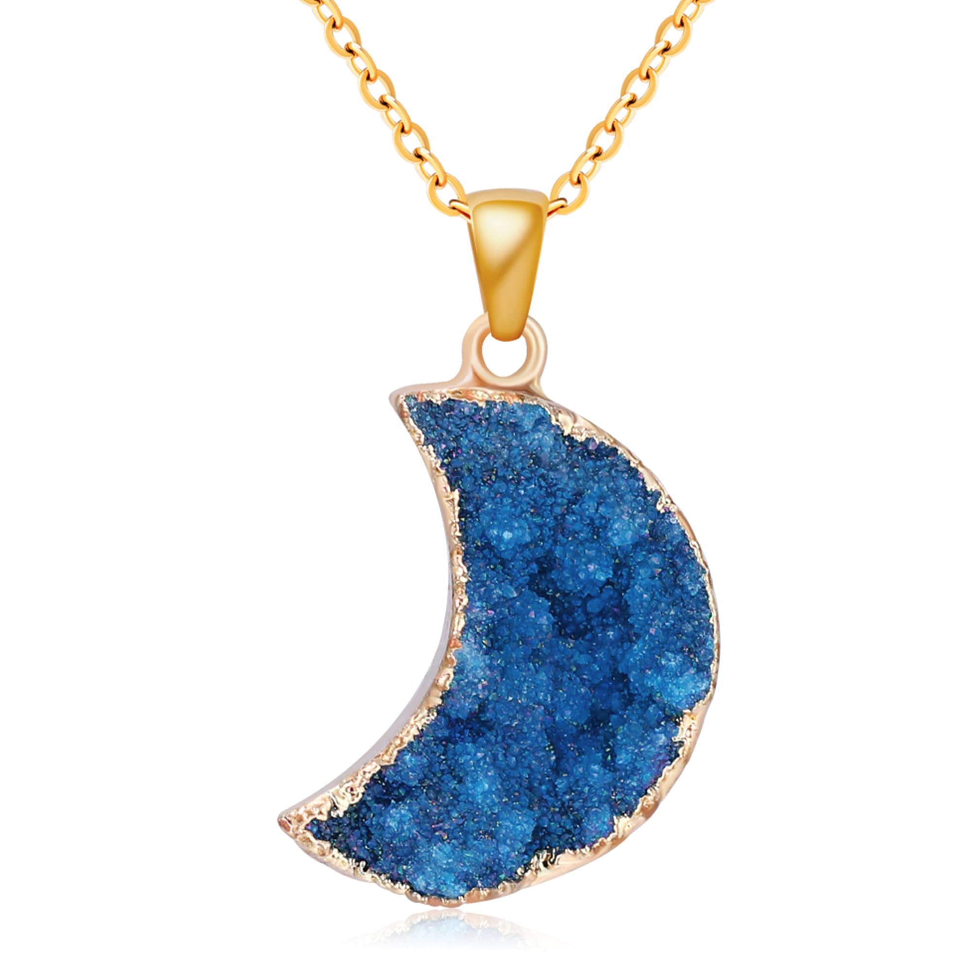 MISS RIGHT Healing Crystal Druzy Crescent Moon Necklace for Women, Dainty Minimalist Bohemian Cute Chakra Geode Necklaces Aesthetic