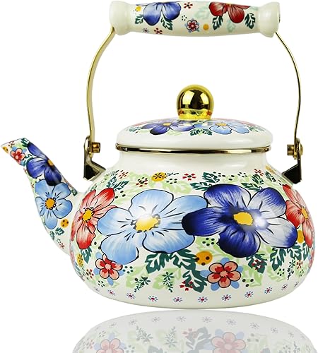 Hervidor de té esmaltado floral azul vintage dorado beige tetera azul floral bohemio agua caliente cafetera de 2.5 litros de porcelana con mango de