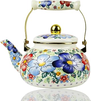 Floral Enamel Tea Kettle Blue Vintage Teapot Stovetop for Stove Boho Bohemain Hot Water Coffee Kettle Pot 2.5L Tea Pot with Ceramic Handle Kitchen Home Decor