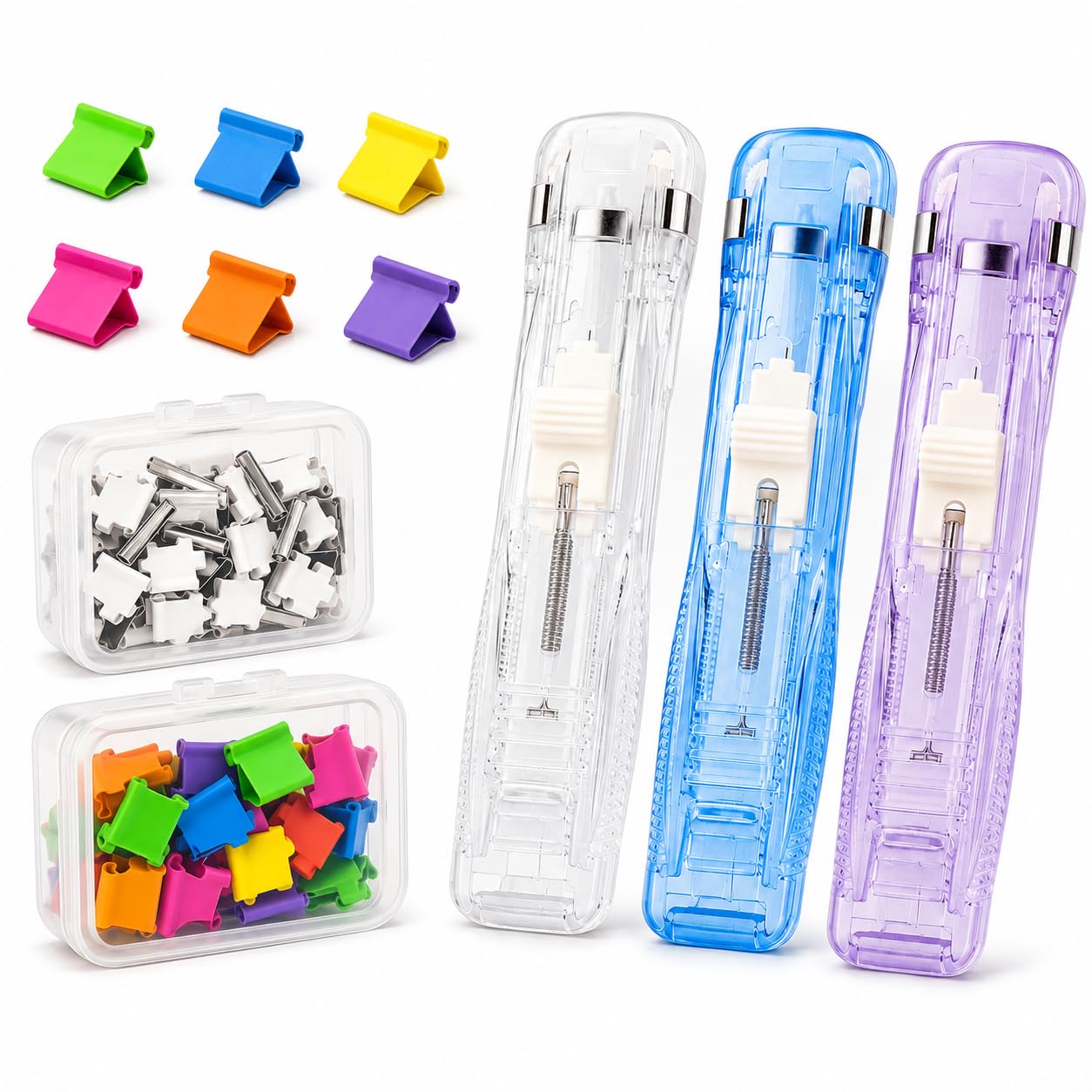 3-Pack Stapleless Stapler Set with 100 Binder Clips,Staple-Free Paper Binder, Document Organisation Tool, Office and Student Supplies, Portable Clip Dispenser