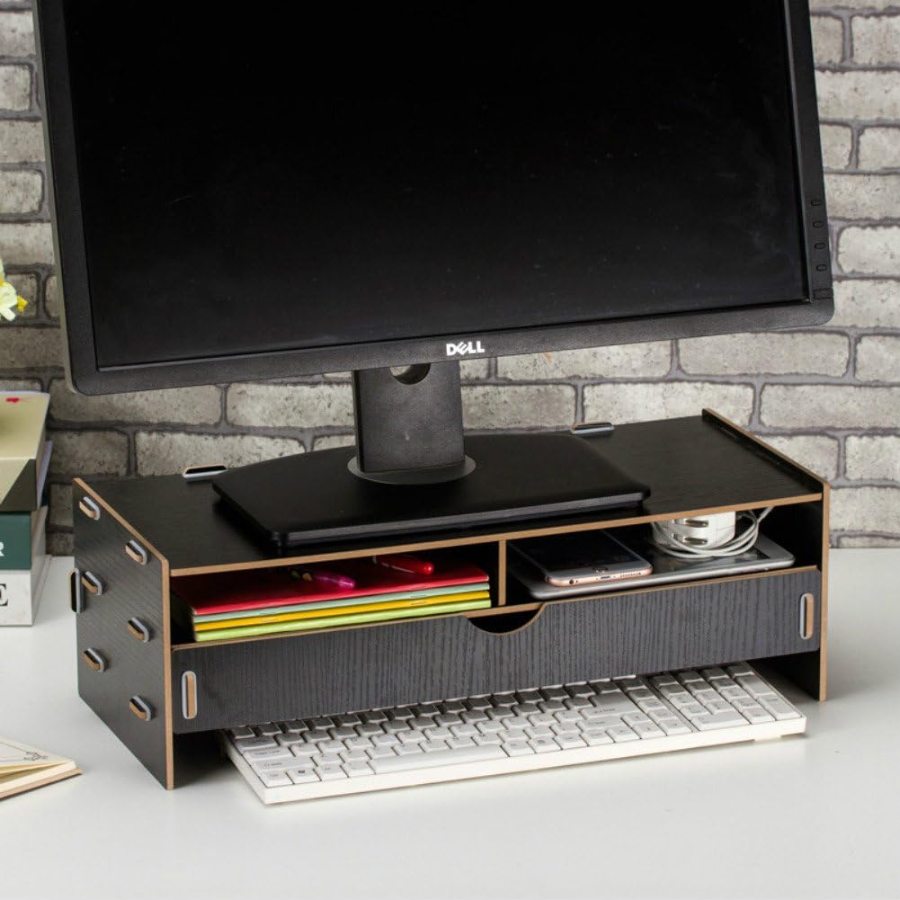 Dreamaccess Wooden TV Laptop PC Monitor Stand,Extra Drawer,Cellphone Pocket,Book Shelf,Pen Box,Daily Stuff Organizer-Black