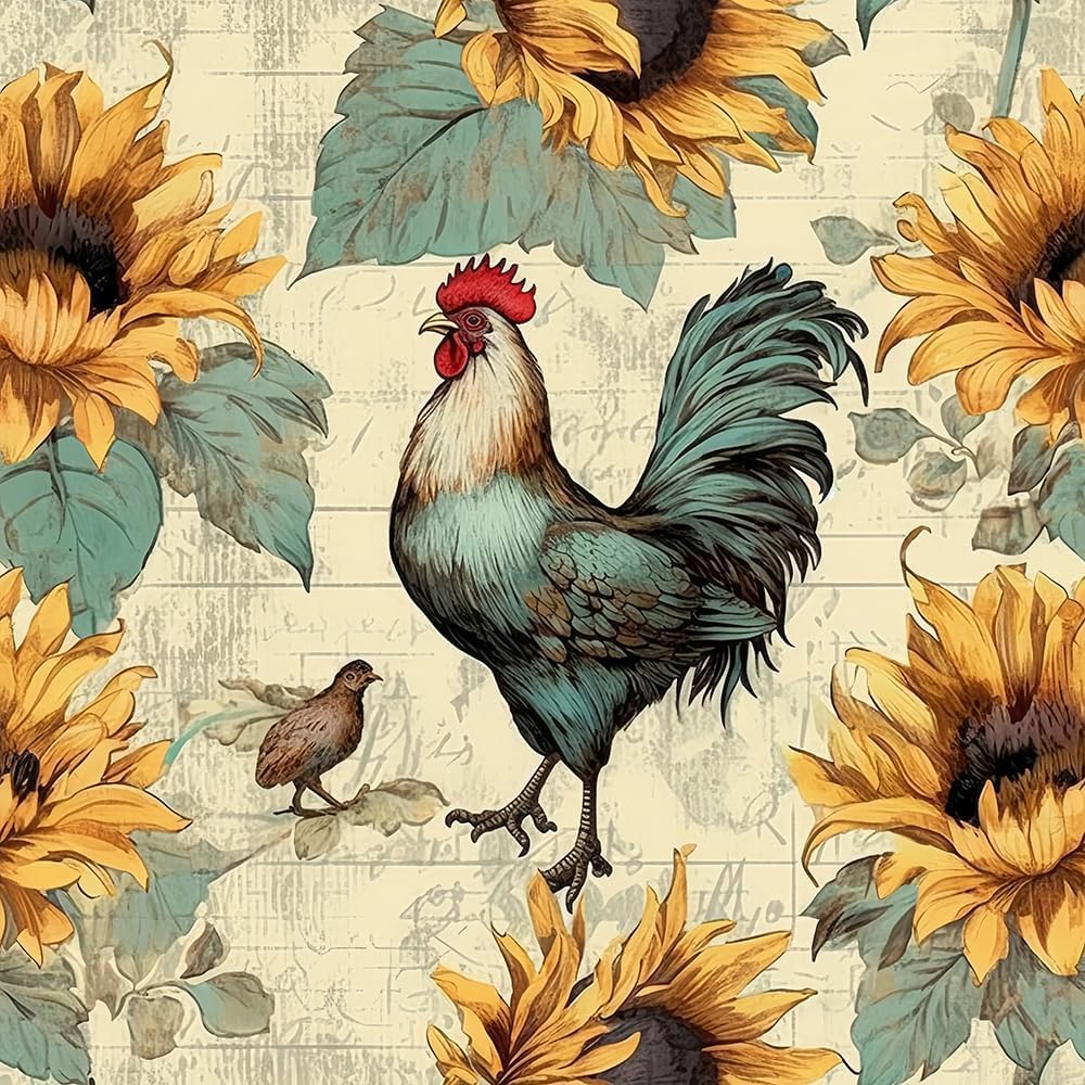 Vintage Sunflower Chicken Rooster Animal Rustic Farm Barn Bird Peel and Stick Wallpaper Easy Peel Off Stick on Adhesive Waterproof Wall Paper for Renter
