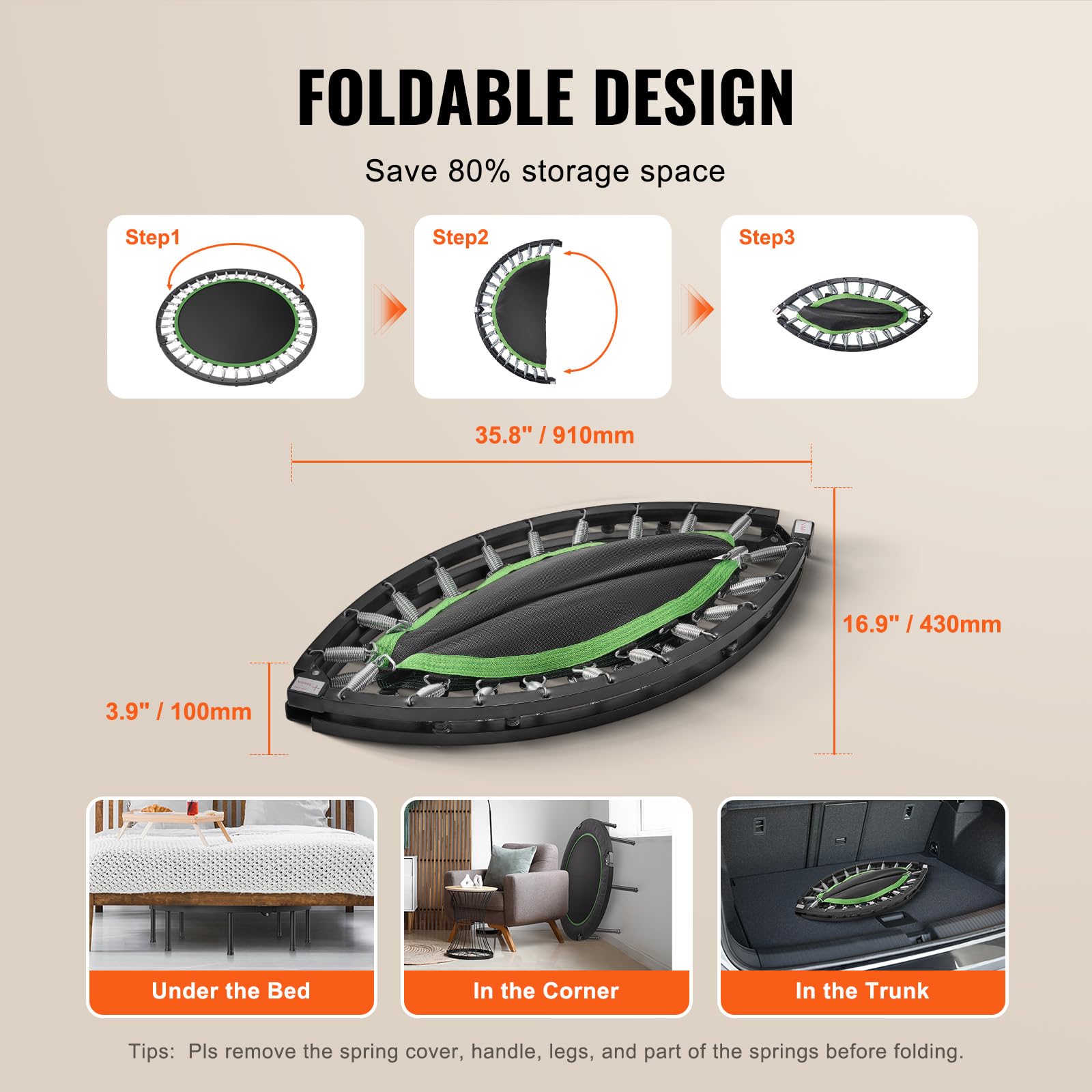 VEVOR Mini Trampoline Pliable, 1315 mm, Fitness rebounder, Charge Max. 205 kg, Stable et Silencieux avec poignée en Mousse réglable en Hauteur à 4 Niveaux, pour entraînement intérieur/Jardin Adultes