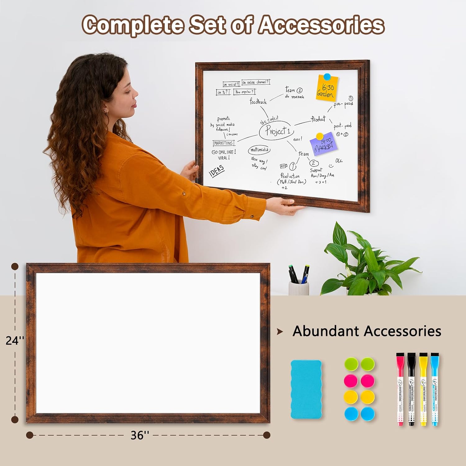 DOLLAR BOSS Magnetic Whiteboard for Wall 36" x 24" Vintage Wood Framed White Board Decorative Dry Erase Board for Home Office Shop Decor Display with 4 Markers, 8 Magnets, 1 Eraser, Rustic Brown