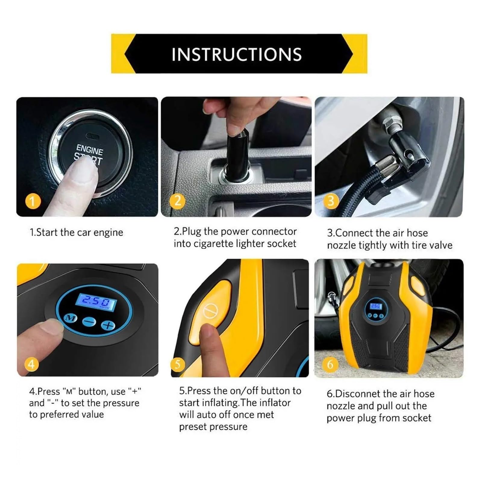 GWJKG Cyfrowa pompka do opon samochodowych Auto przenośna sprężarka powietrza do opon do kół samochodowych elektryczna pompka do opon 12V szybka, bez wysiłku