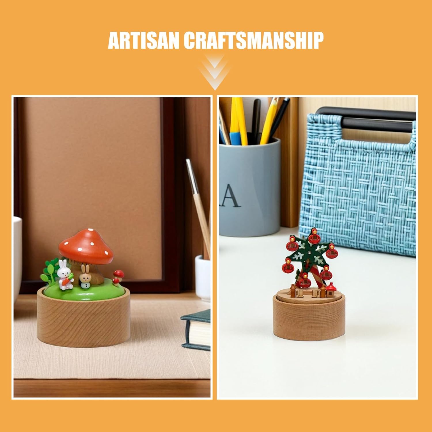 BESPORTBLE 2pcs Wooden Mini Music Box - Small Palm Size Ferris Wheel and Mushroom Wind Up Mechanical Musical Boxes -Cartoon for Boy Girl