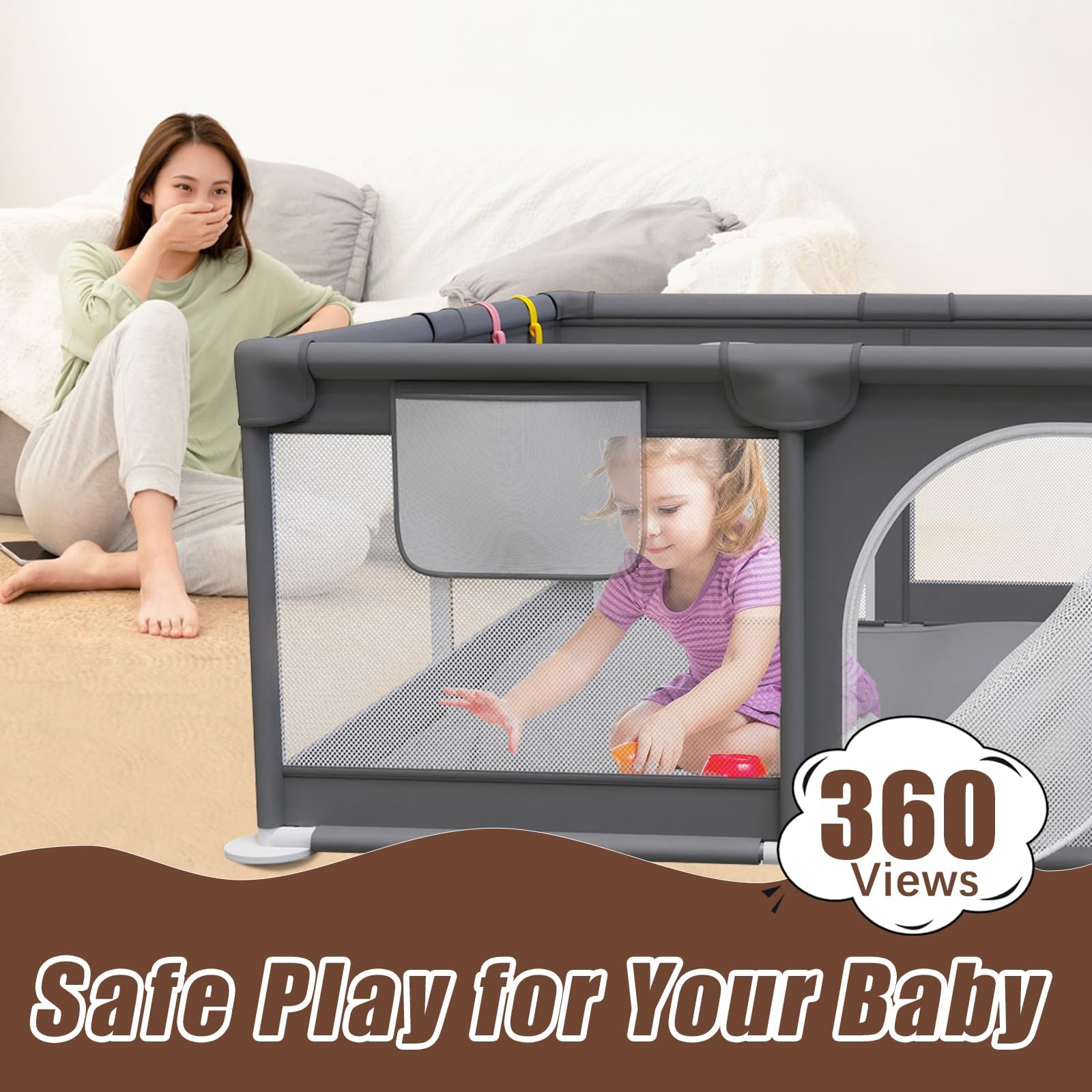 Laufstall Baby 120x120cm, Laufgitter Baby mit 2 Zugringen, Kinder Laufgitter mit Atmungsaktivem Netz und Reißverschluss für Kleinkinder, Dunkelgrau