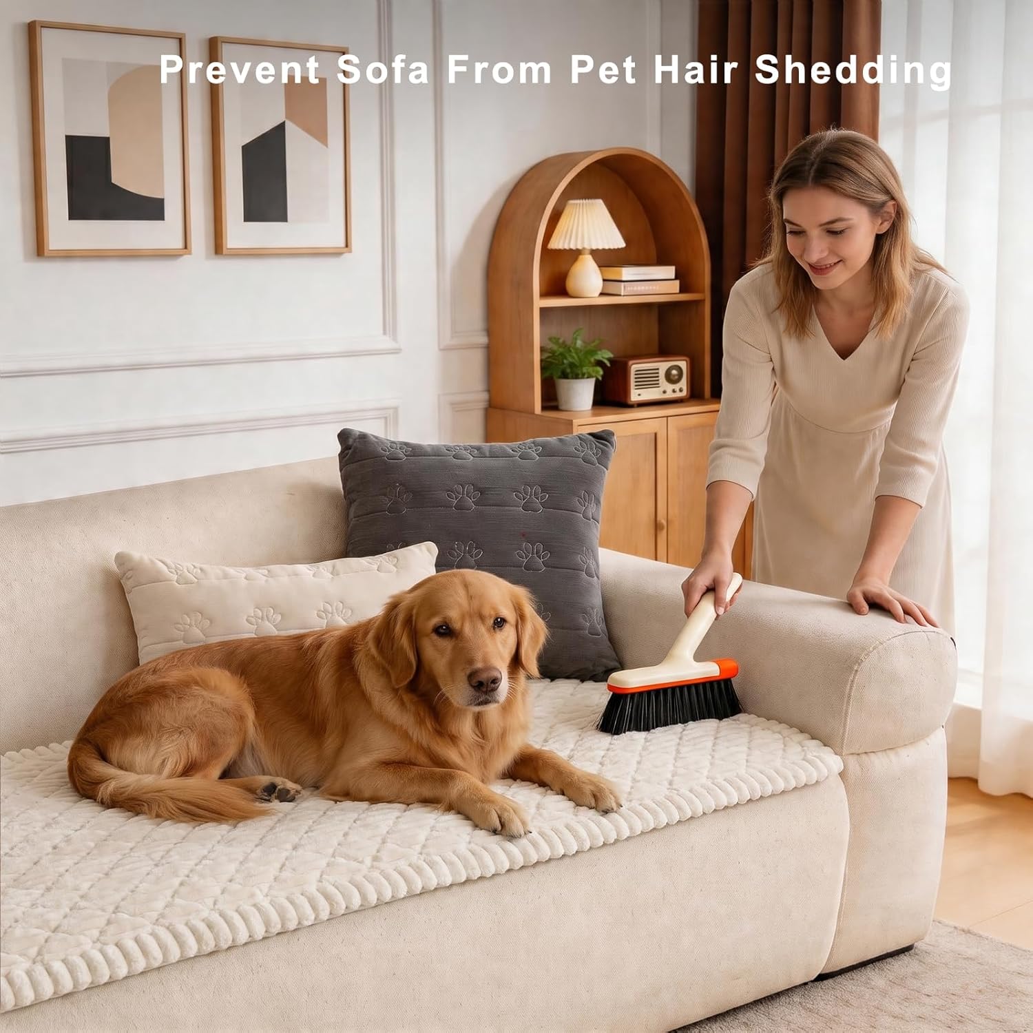 NILUOH Couch Cover for Dogs Washable, Fuzzy Pet Sofa Slipcover for 2-3 Cushion Sofa Pet Friendly, Thick Non-Slip Couch Cushion Covers Protector (Beige, 27.6" x 59")
