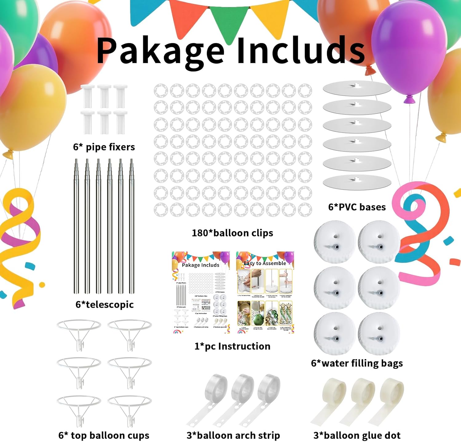 Balloon Arch Kit Balloon stand - Set of 6 Adjustable 7 Feet Balloon Arch Stands with Bases for Floor, Tall Balloon Tower Pillar Assembly Kit for Birthday, Party Decorations