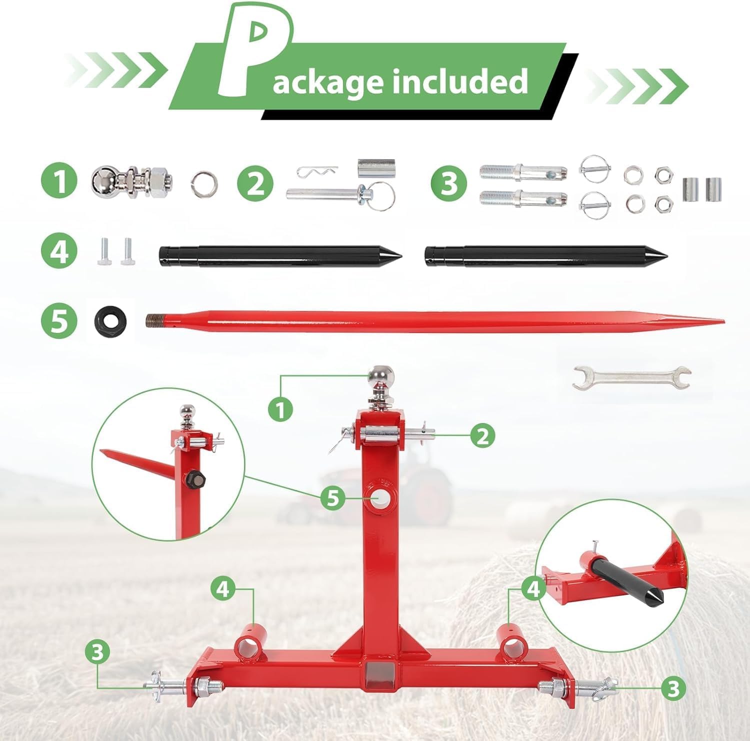 Wutist 3 Point 47" Hay Spear Gooseneck Drawbar Trailer Hitch Fit for All Category 1 Tractors W/2 Stabilizers Bale Spear 2" Receiver Loading 3000LBS Gooseneck Ball Drawbar Hay Quick Hitch Attachment