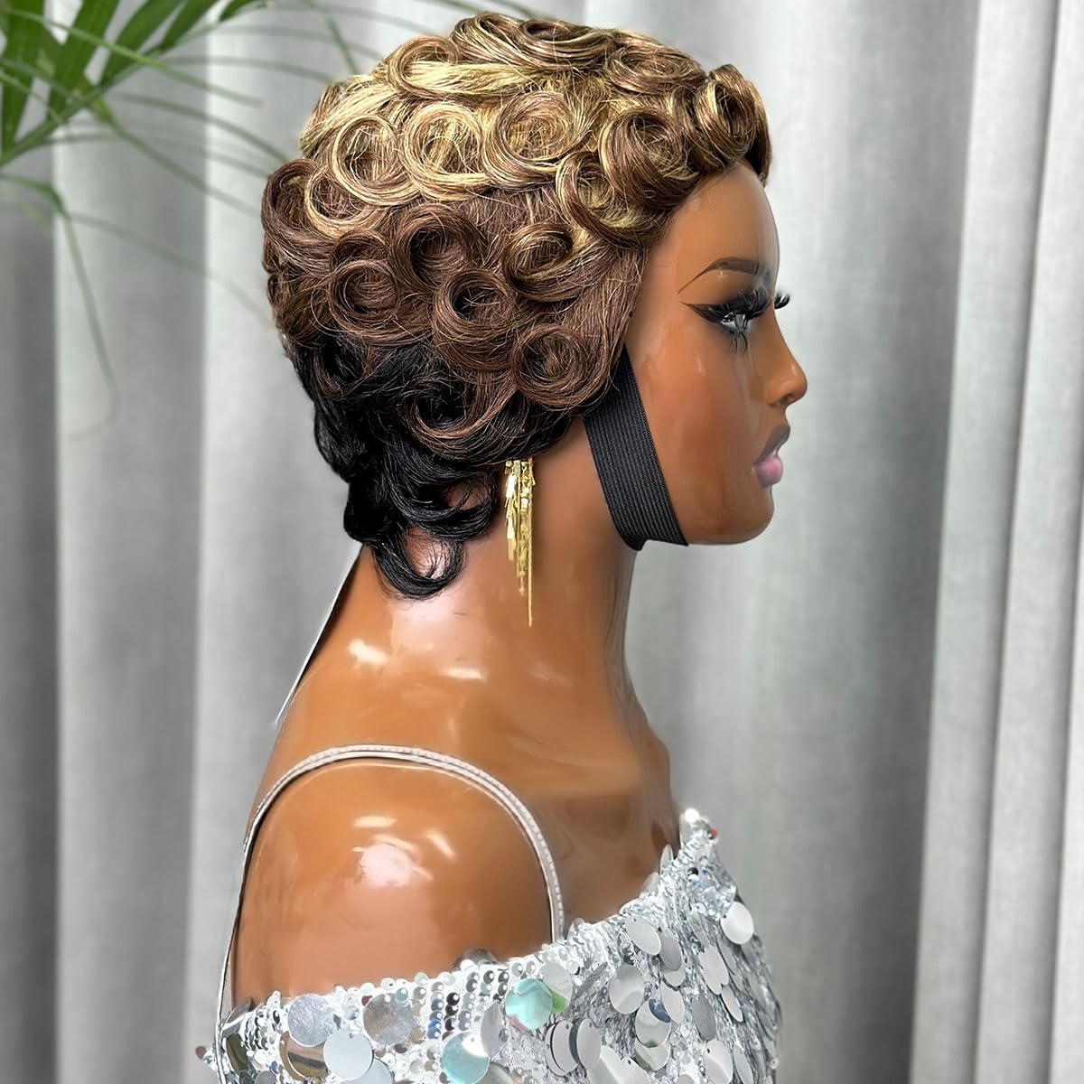 ShowReal Pixie Cut Wigs for Black Women Pin Curls Short Pixie Wigs Ombre Color Wigs Short Curly Human Hair Wig short pixie cut wigs Gluless Wig (1b/4/27)