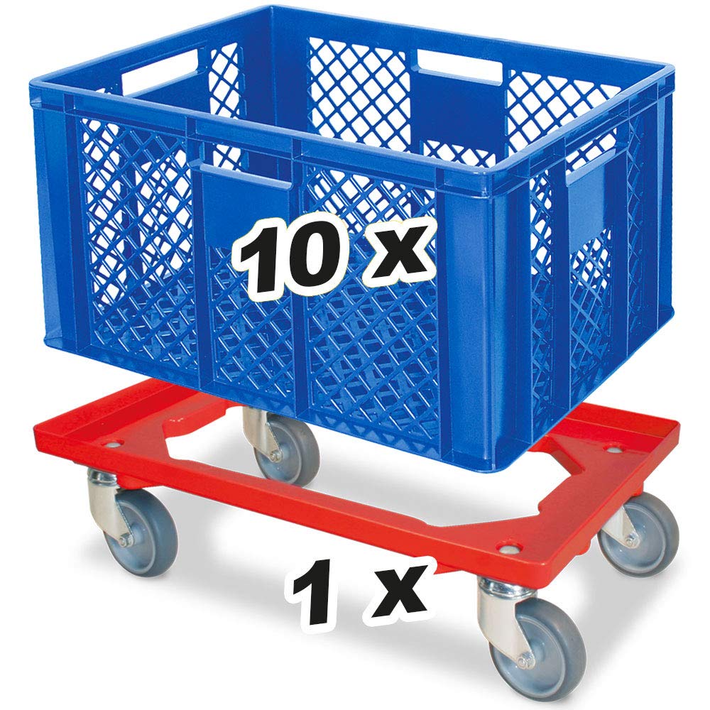 BRB Set di 10 contenitori impilabili Euro, 600 x 400 x 320 mm, qualità industriale per alimenti, blu