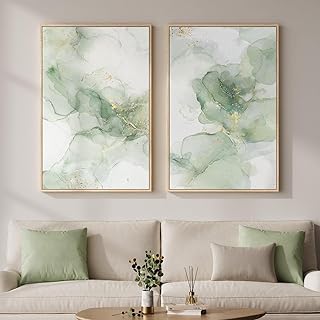 Framed Sage Green Gold Abstract Modern Wall Art for Living Room, 24x36 Inch