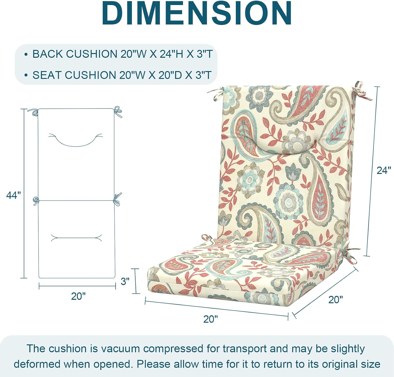 DYTXIII Outdoor High Back Chair Cushions Set of 2, 44x20 in Water Repellent Patio Seat Cushions with Elastic Sponge, All Weather Cushions for Rocking, Dining Chairs, Patio Furniture - Paisley Vintage