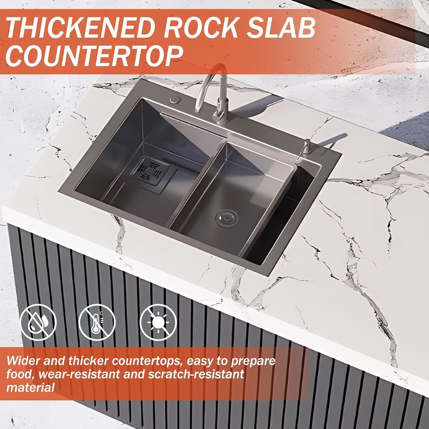 Outdoor Kitchen Cabinet with BBQ - Large Kitchen Cabinet with Slate Countertop Includes Barbecue Grill,Table Includes Stainless Steel Sink & Storage Space(62.99IN)