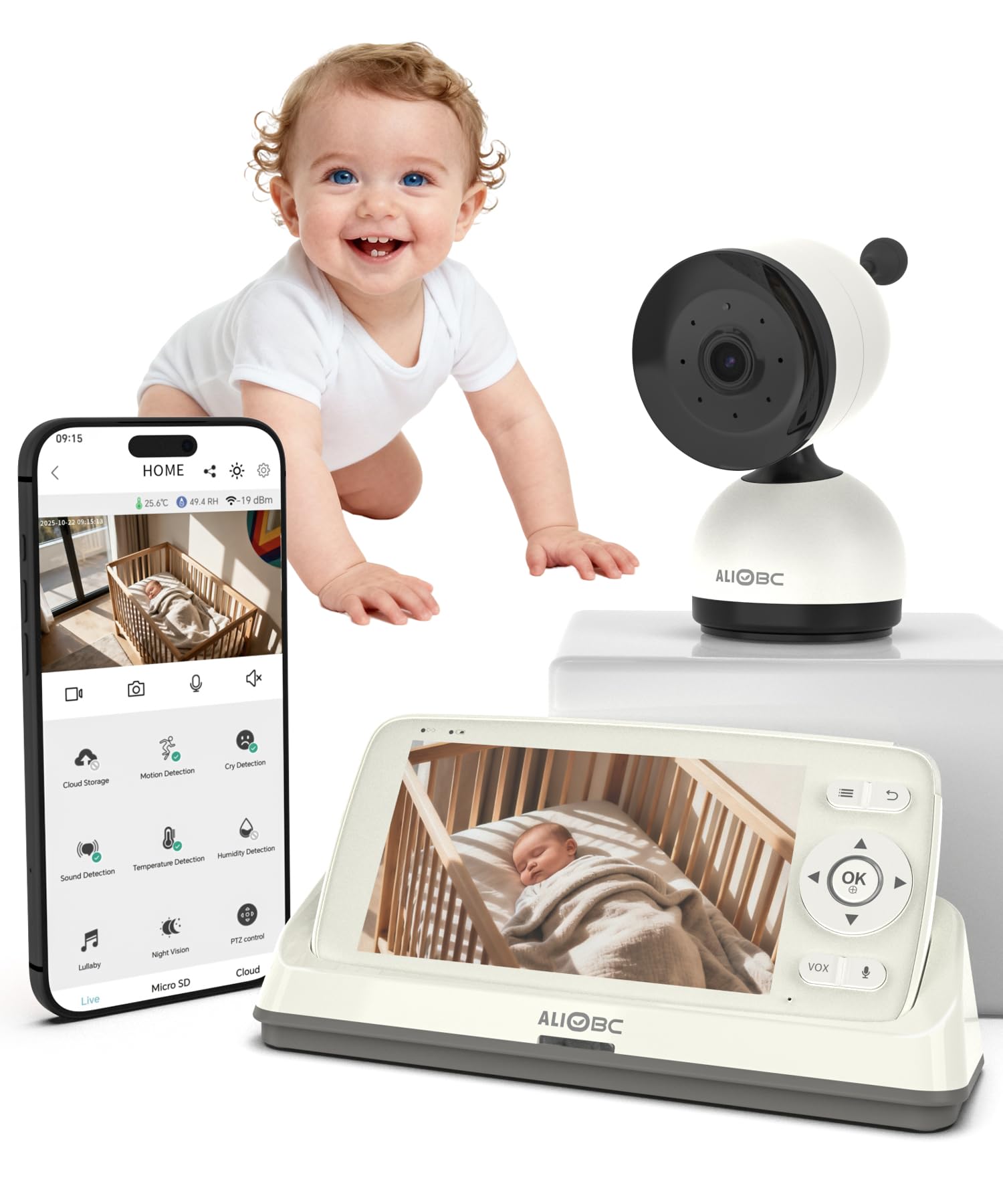 ALIOBC Baby Monitor with Camera and Audio WiFi & No-WiFi Modes AI Smart Baby Camera Cry Detection Night Vision 1080p FHD Camera and 5" Large Screen Two-Way Talk 1000ft Range Easy Setup for New Parents