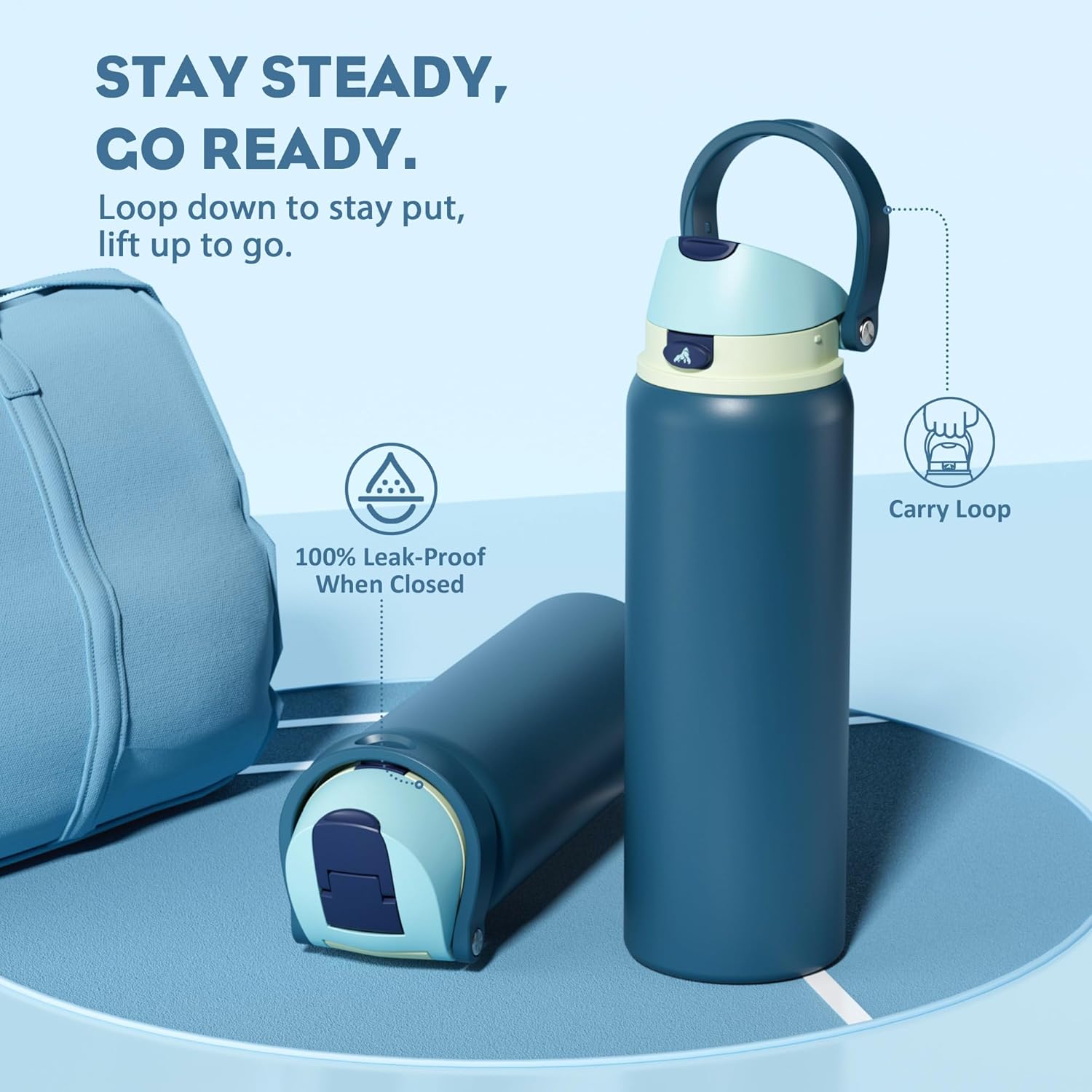POWCAN 32 oz Insulated Water Bottle: 2-in-1 Lid with Push-Button Spout & Quick-Flip Straw, Leakproof, Cold 24Hrs, Car Cupholder, Stainless Steel Cup for Sports, School, Travel, Camping (Denim Blue)
