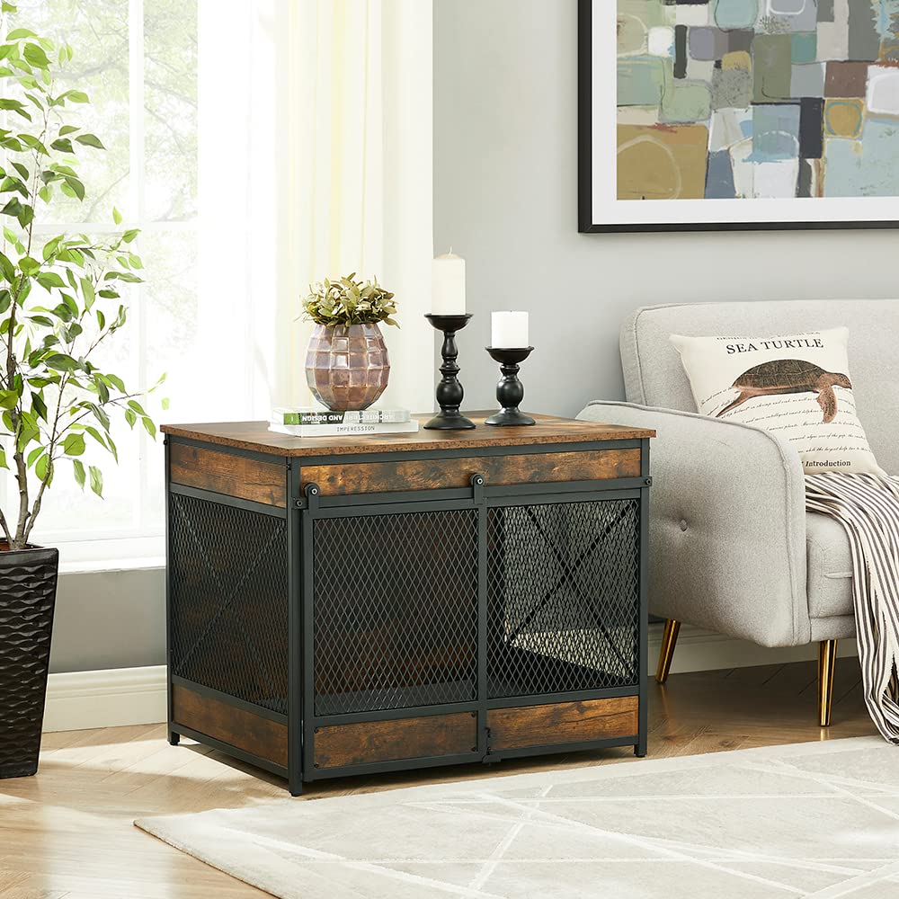 unipaws Sliding Door Dog Crate End Table with Cushion and Hooks, Saving More Space, Furniture Style Mesh Pet Kennels, Dog House Indoor Use