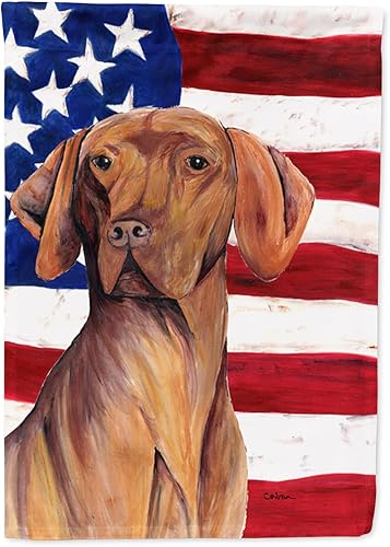 Miniatura 128 de Caroline's Treasures SS4017GF Bandera de Estados Unidos con Bulldog Inglés para jardín, bandera decorativa para patio exterior, patio, parterres,