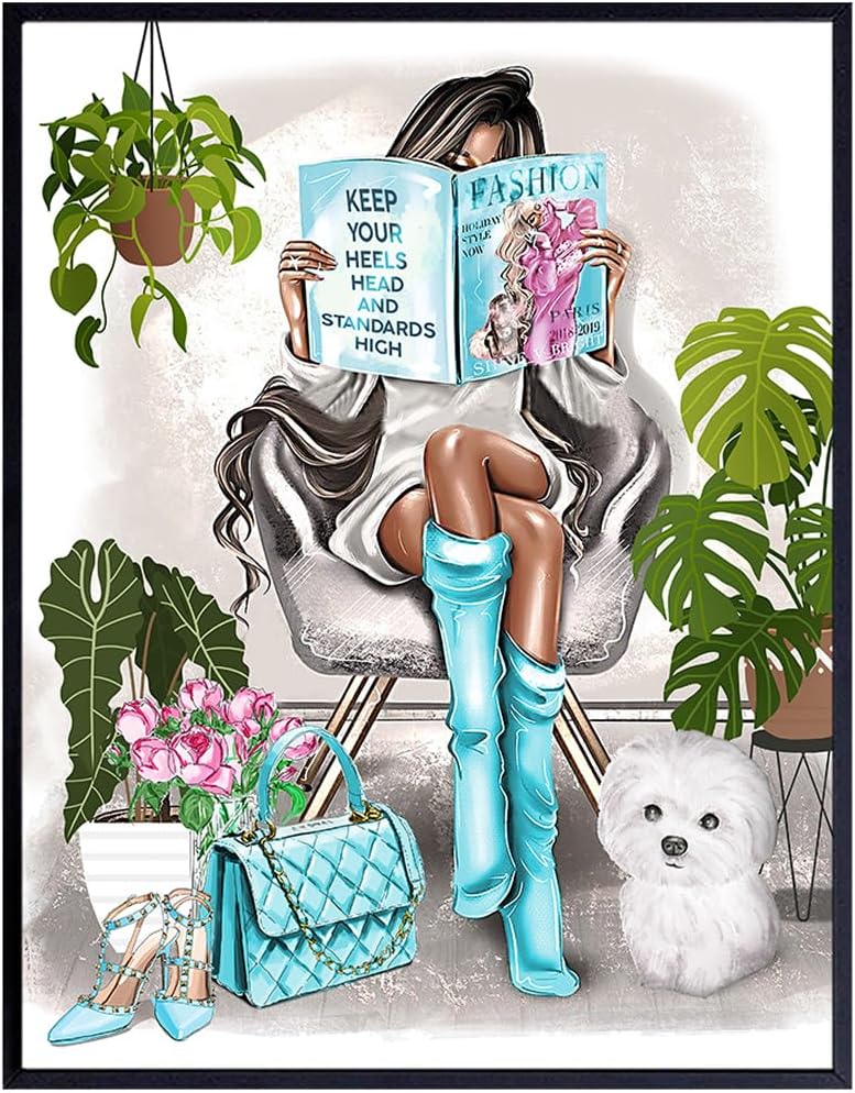 Glam Girls Bedroom Wall Art 11x14 - Living room, Teen Room - Blue Designer Wall Decor for Girls - Daughter gifts - Housewarming Gifts for Women - Black Girl, African American Woman Poster Picture