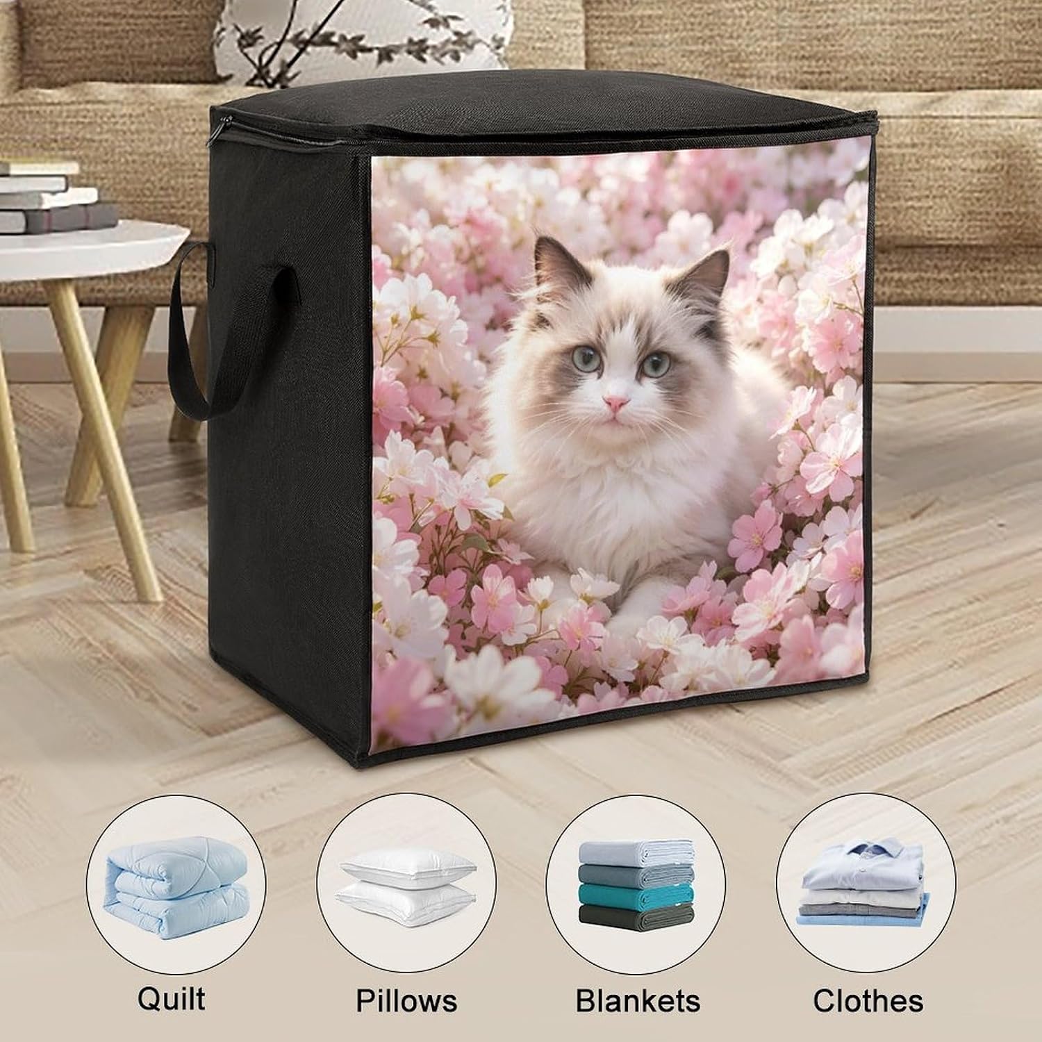 Garden Kitten Storage Bags Moving Bags Storage Bins | Comforter Storage Bag Reinforced Handles & Zippers Foldable Closet Organizers and Storage for Blanket Pillow Clothes
