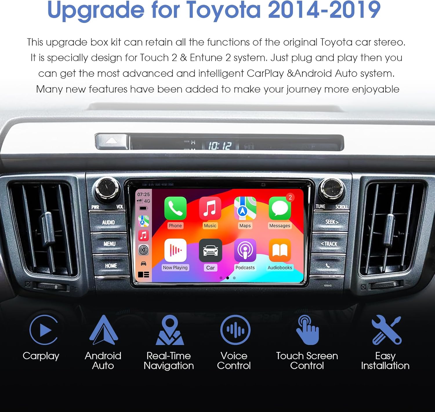LEXXSON Wireless CarPlay Android Auto Adapter installed in a Toyota dashboard, showing the CarPlay interface.